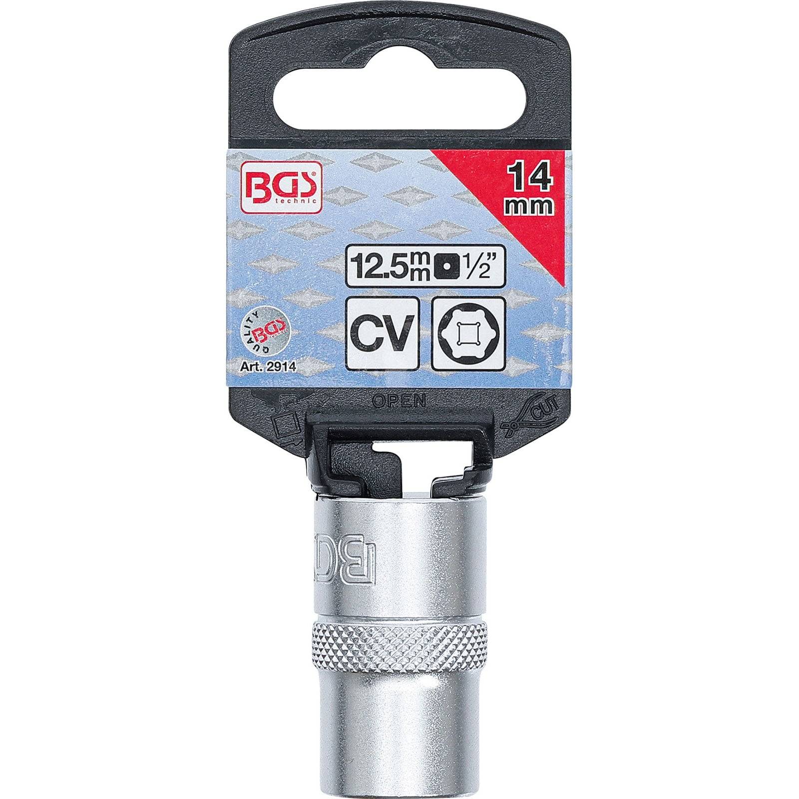 BGS' beschriftete 14-mm-Steckschlüssel mit einem Etikett, das '12,5 mm 1/2