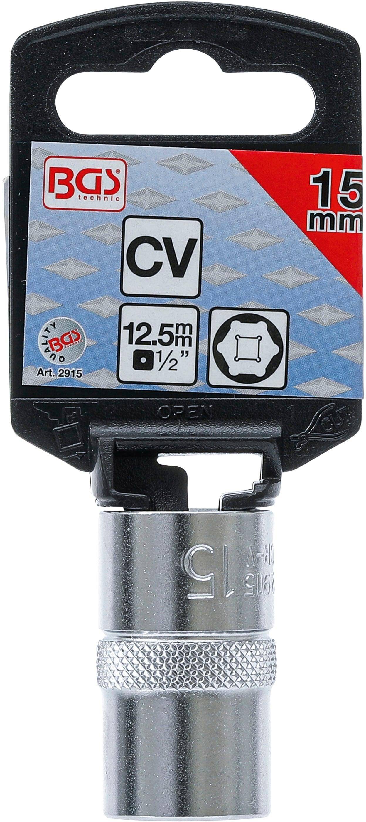 Ein Steckschlüsseleinsatz mit einem 12,5 mm (1/2 Zoll) Vierkantantrieb, gekennzeichnet mit CV und Artikelnummer 2915. Das Qualitätslogo zeigt '30'.