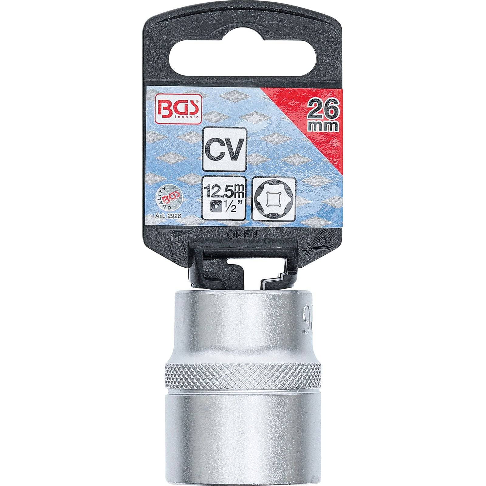 Ein 26-mm-Steckschlüssel mit einer Etikette, auf der „CV