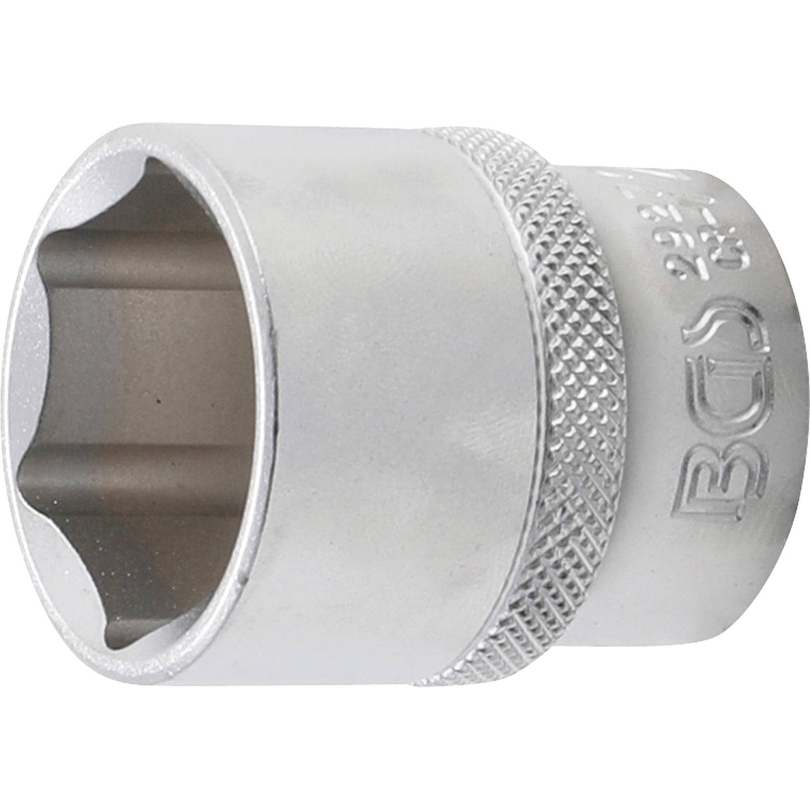 Eine silberfarbene Sechskant-Stecknuss von BGS, mit gerillten Griffen und einer sechskantigen Öffnung, konzipiert zum Ansetzen von Muttern oder Schrauben.