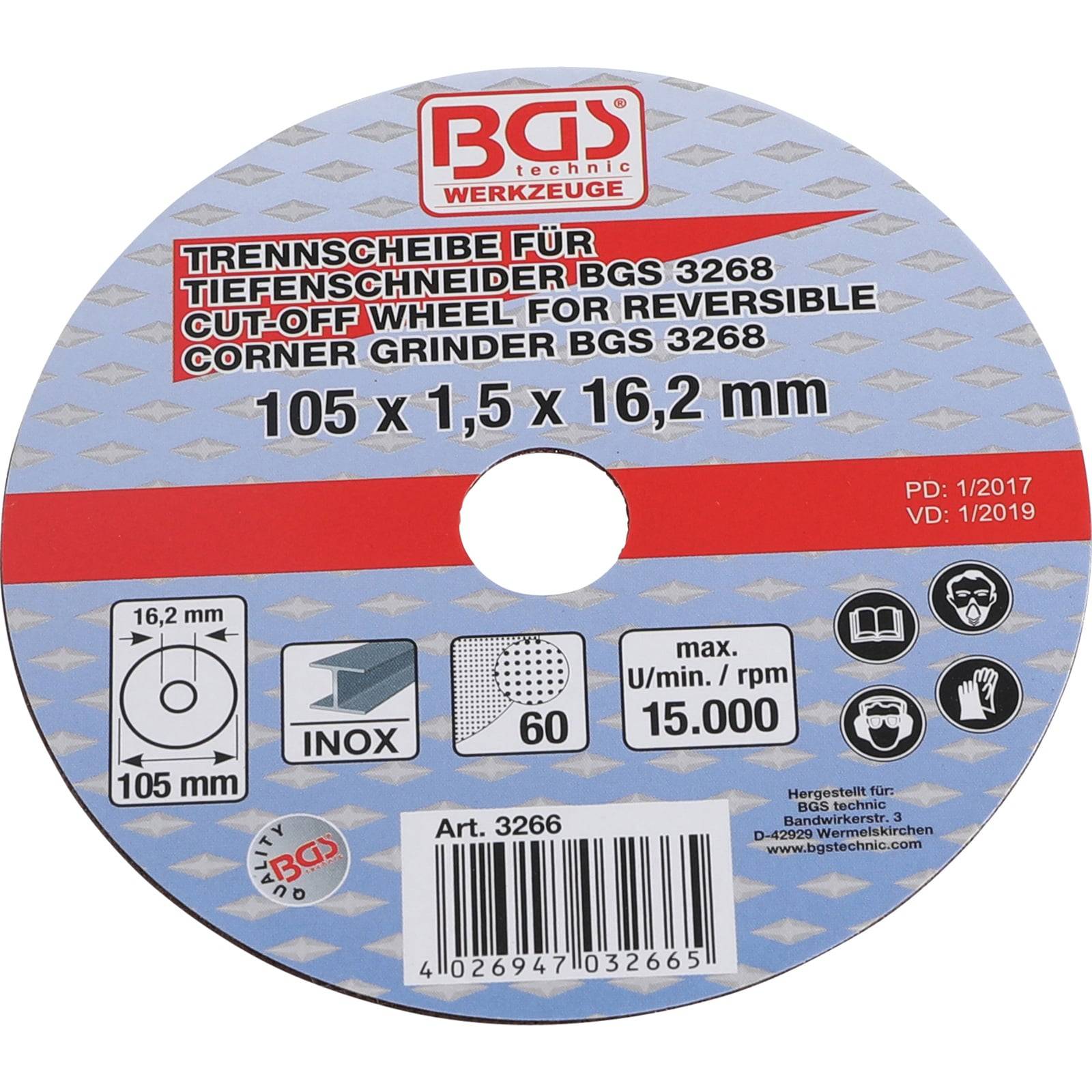 Trennscheibe für Winkelschleifer BGS 3268, 105mm x 1,5mm x 16,2mm. Maximale Drehzahl: 15.000 U/min. Geeignet für Edelstahl.