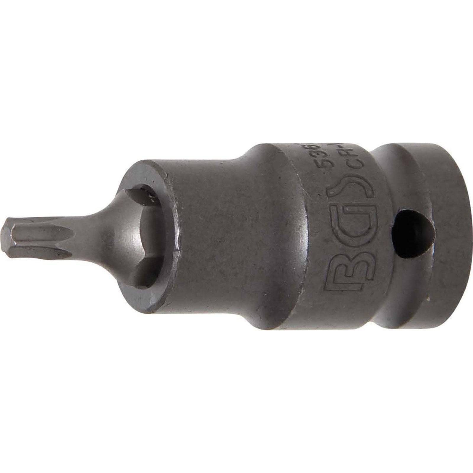 Schraubenziehereinsatz mit sechskantigem Aufnahmeschaft, grau-metallische Farbe, für eine Ratsche konzipiert.