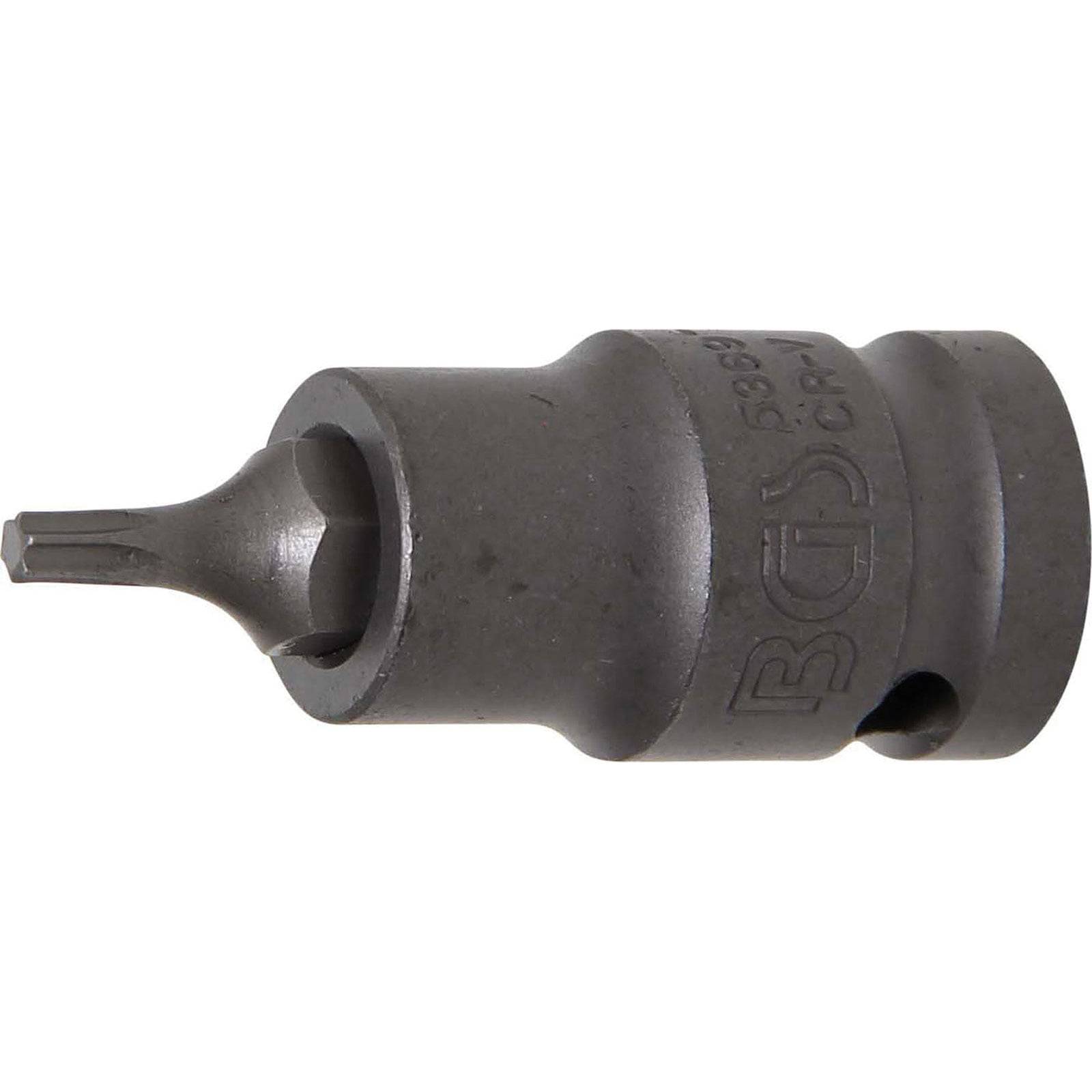 Ein Torx-Schraubendreher-Bit mit einem runden Metallschaft, graviert mit ‚BGS' und zusätzlichem Text, verwendet zum Eindrehen von Torx-Schrauben.