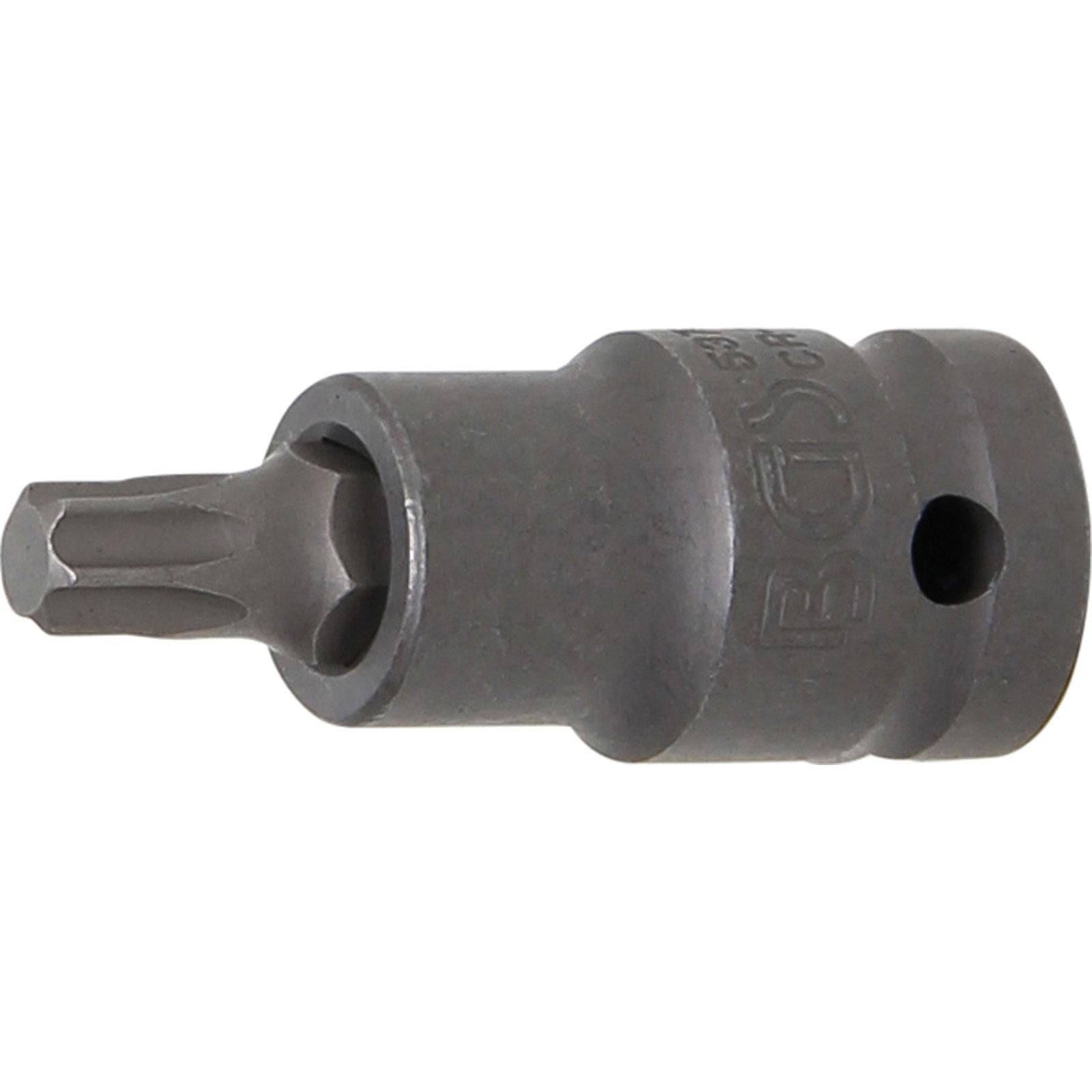 Ein T30 Biteinsatz, der typischerweise für Torx-Schrauben verwendet wird, ist in dem Bild zu sehen. Er ist aus Metall gefertigt und hat eine sechseckige Basis zur Verwendung mit einem Ratschenschlüssel.