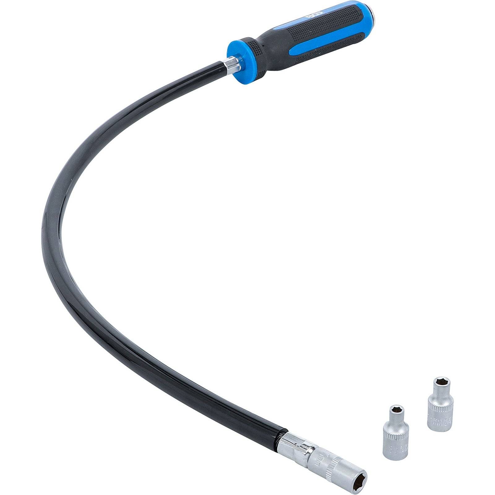 Ein flexibler Schraubendreher mit einem Gummigriff-Griff, schwarzem Schaft und auswechselbaren Bits wird gezeigt. Zwei separate Bits werden neben dem Werkzeug dargestellt.