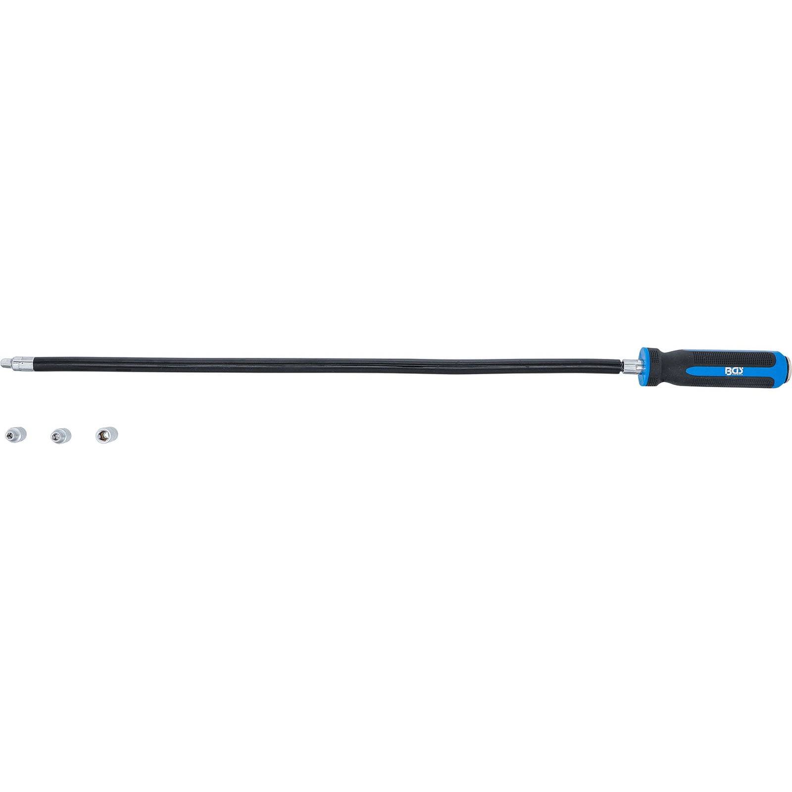 Ein langer, flexibler Schraubendreher mit einem blau-schwarzen Griff, begleitet von drei austauschbaren Bits, die seitlich nebeneinander ausgerichtet sind.
