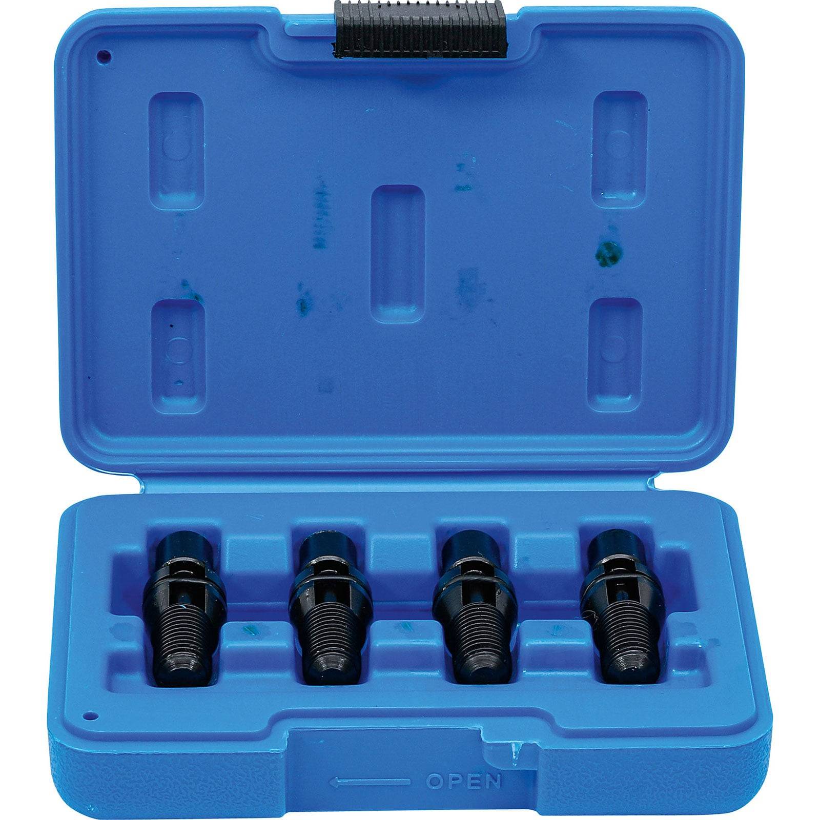 Blauer Plastikkoffer mit vier schwarzen, zylindrischen Komponenten, die sorgfältig im Inneren angeordnet sind. Der Koffer ist geöffnet und zeigt die Aussparungen für die Einzelteile.