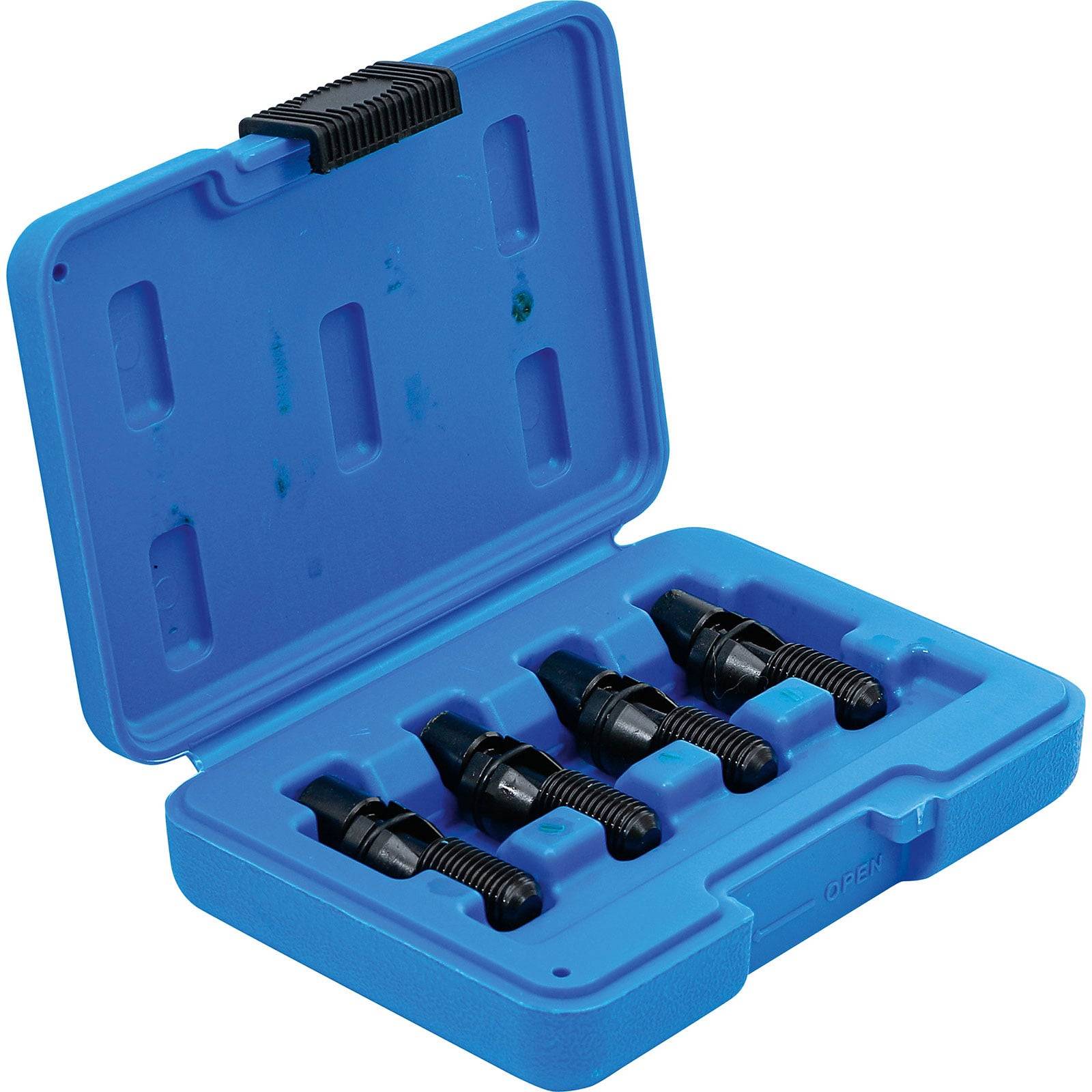 Blauer Koffer mit fünf schwarzen Schrauben, die in vorgesehene Schlitze eingesetzt sind, Deckel geöffnet, auf weißem Hintergrund, verwendet zum Organisieren und Aufbewahren.