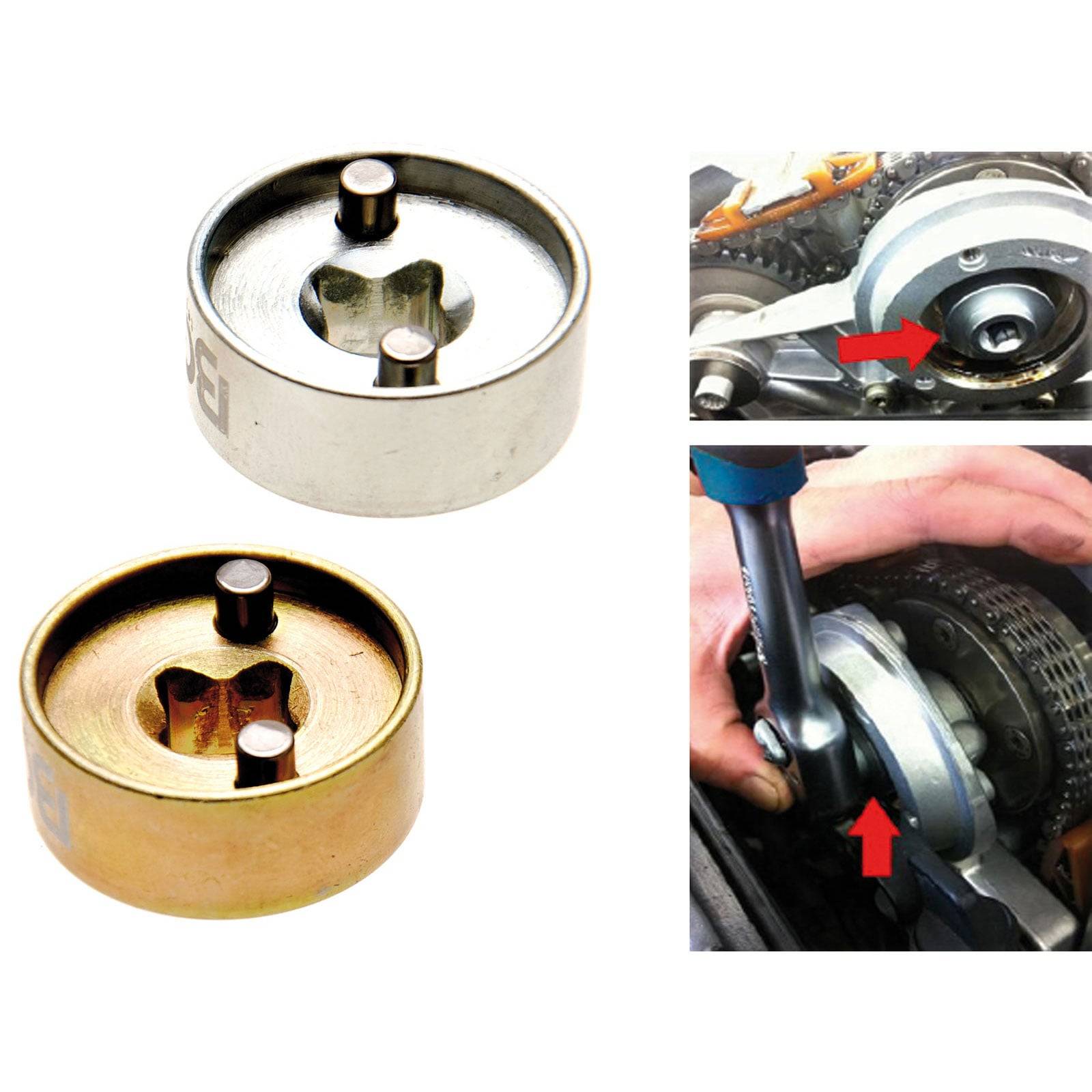 Zwei kreisförmige Magnete sind links dargestellt. Rechts verwendet eine Person ein Magnetwerkzeug an einem Automotor, wobei ein roter Pfeil die Richtung anzeigt.