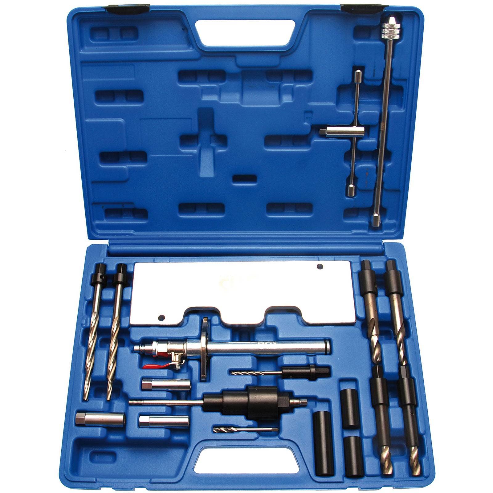 Eine blaue Plastikbox, die verschiedene Bohrerbits und Werkzeuge enthält, darunter einen Schraubenschlüssel und Adapter, die in vorgesehenen Fächern ordentlich aufgereiht sind.