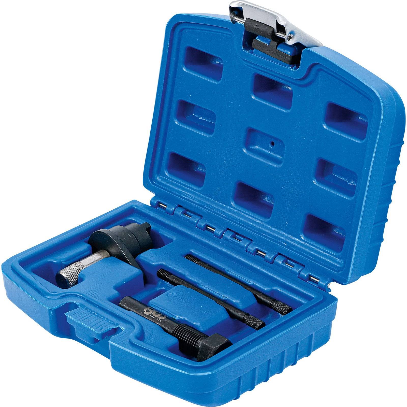 Eine blaue Plastikbox, die einen Satz Werkzeuge enthält, darunter einen Reibahle, einen Gewindebohrereinsatz und einen Bohrer, die in vorgesehenen Fächern organisiert sind.