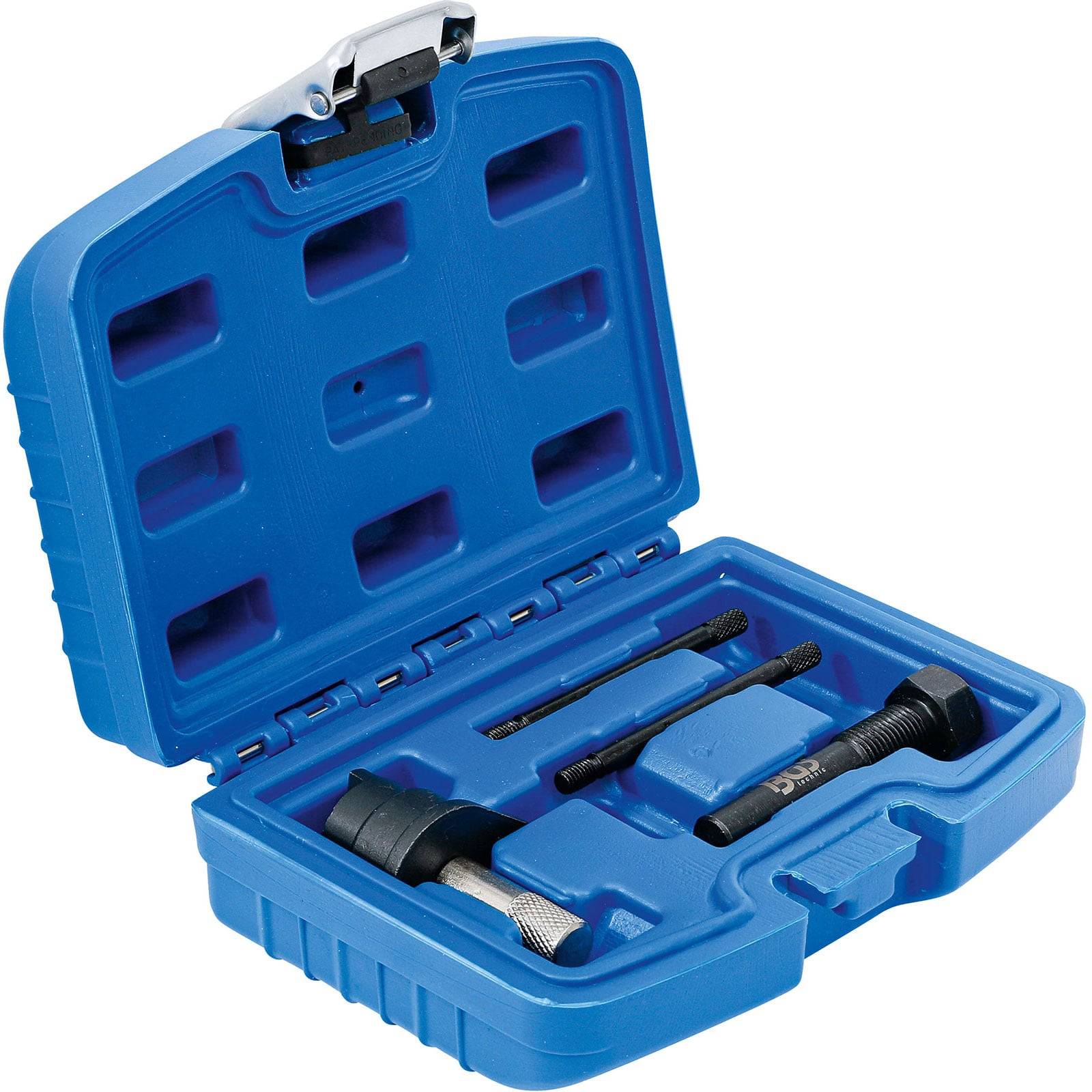 Eine blaue Plastikwerkzeugbox, geöffnet, um verschiedene Metallbohrer und einen Werkzeuggriff im Inneren zu zeigen, die in geformten Fächern organisiert sind.