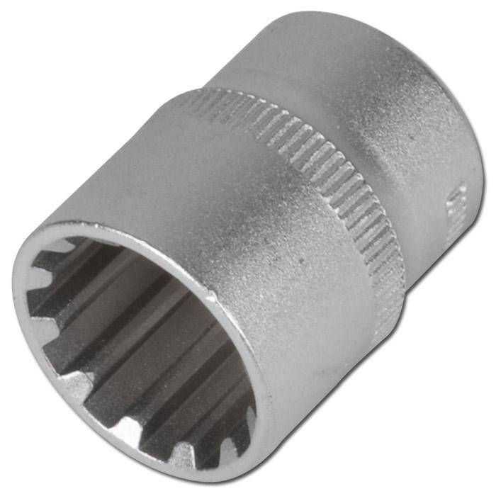 Metallischer Schraubenschlüssel-Adapter mit gerilltem Griff und Mitnehmer-Innenprofil, dargestellt auf weißem Hintergrund.