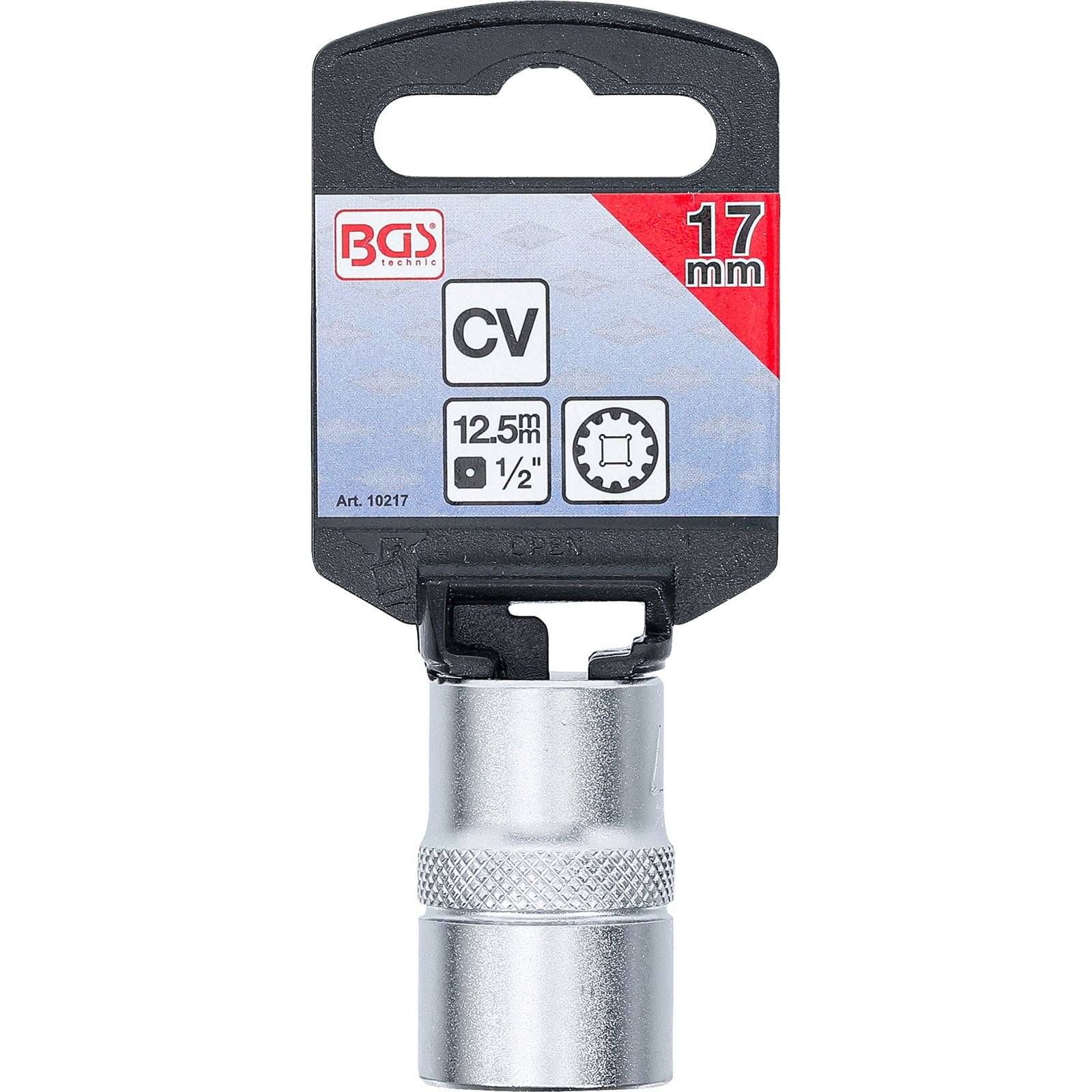 Eine 17-mm-Steckdose mit gerilltem Griff ist an einer Verpackungskarte befestigt, auf der 'CV', '12,5 mm' und '1/2 Zoll' Antrieb angezeigt werden.