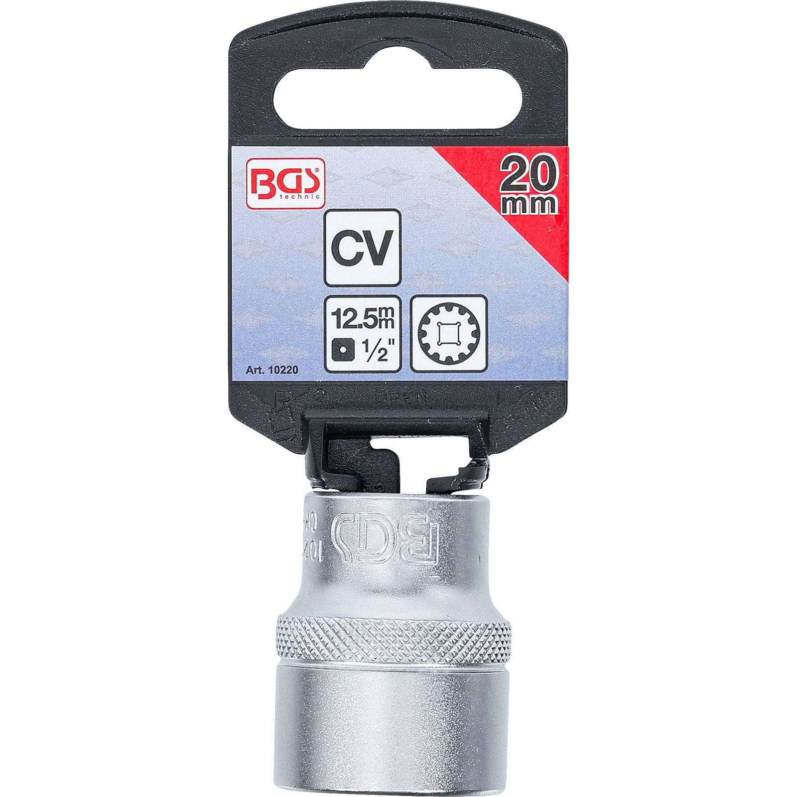 Eine silberne 20-mm-Steckdose mit einem schwarz-roten Etikett, auf dem „CV