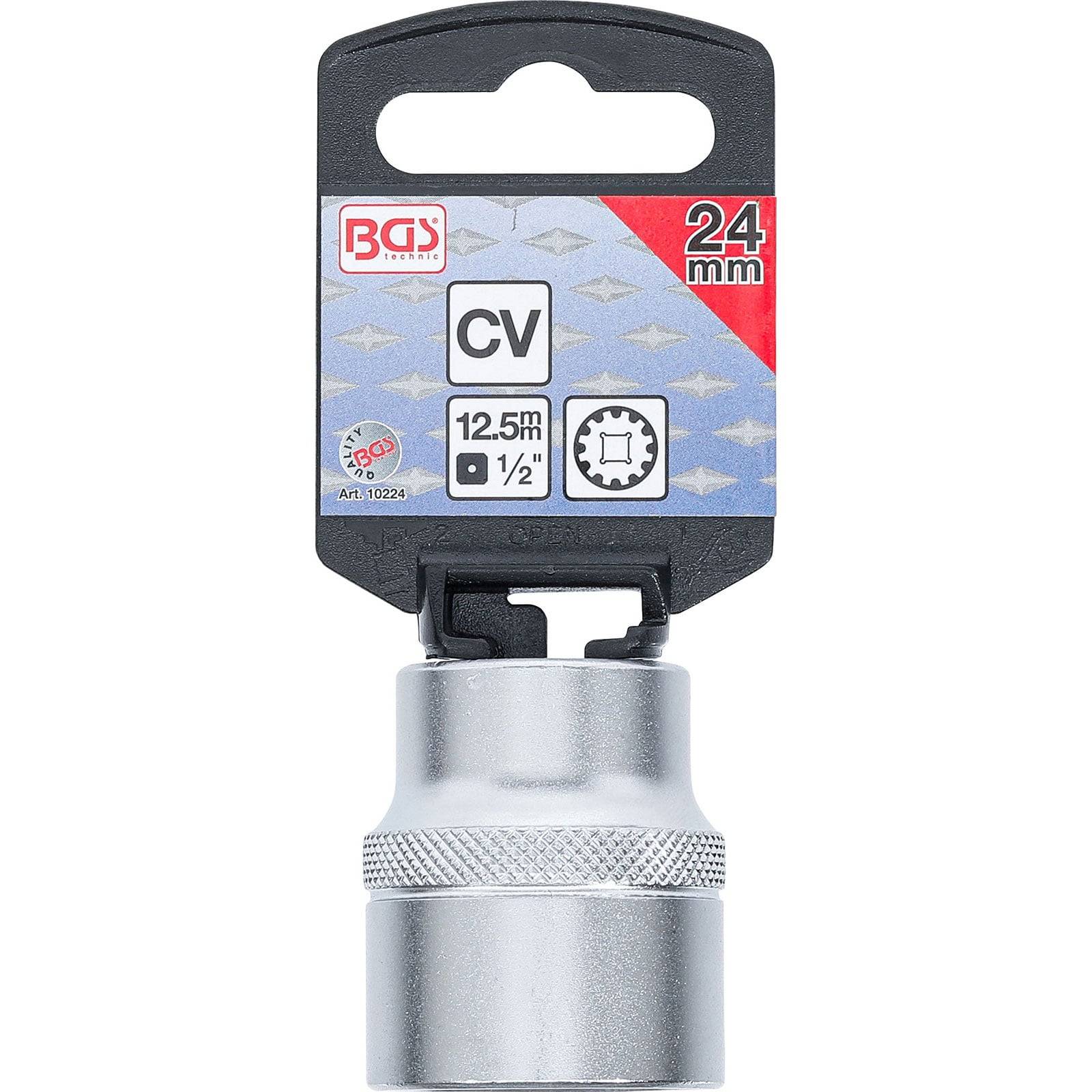 Eine 24-mm-Silberdose mit strukturiertem Griff und Vierkantantrieb, präsentiert mit Verpackung, die die Marke BGS und Details wie ‚CV', ‚12,5 mm' und ‚1/2' zeigt.