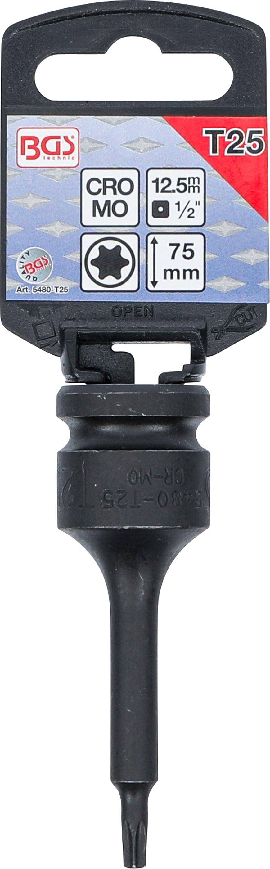 Kraft-Biteinsatz "BGS" T-Profil - 1/2" Antrieb Chrom-Molybdän-Stahl - Länge 75 mm - T-Profil T25