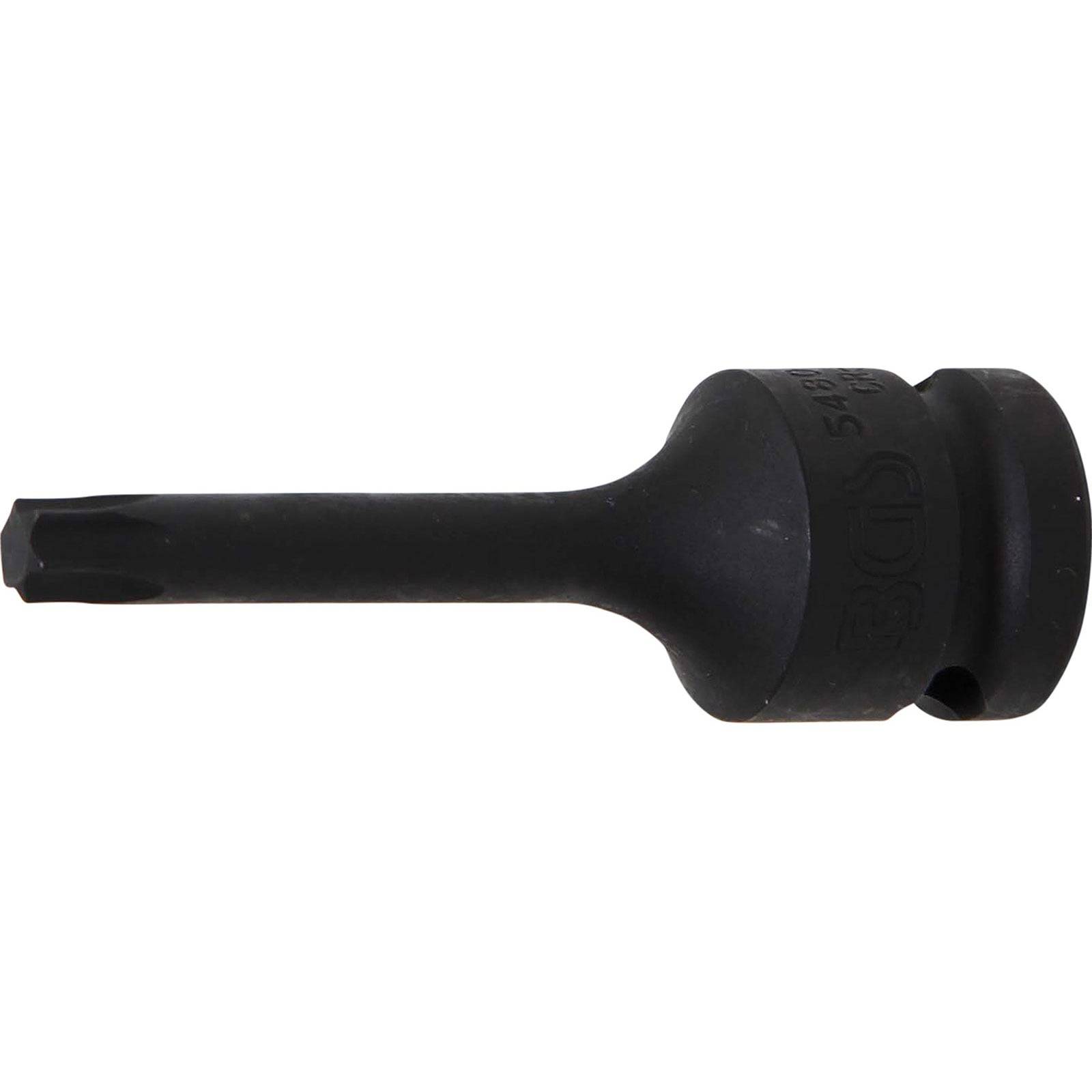 Ein schwarzer Torx-Biteinsatz, konzipiert zum Anziehen oder Lösen von Torx-Schrauben, mit einem zylindrischen Schaft und sechskantigem Antriebsende.