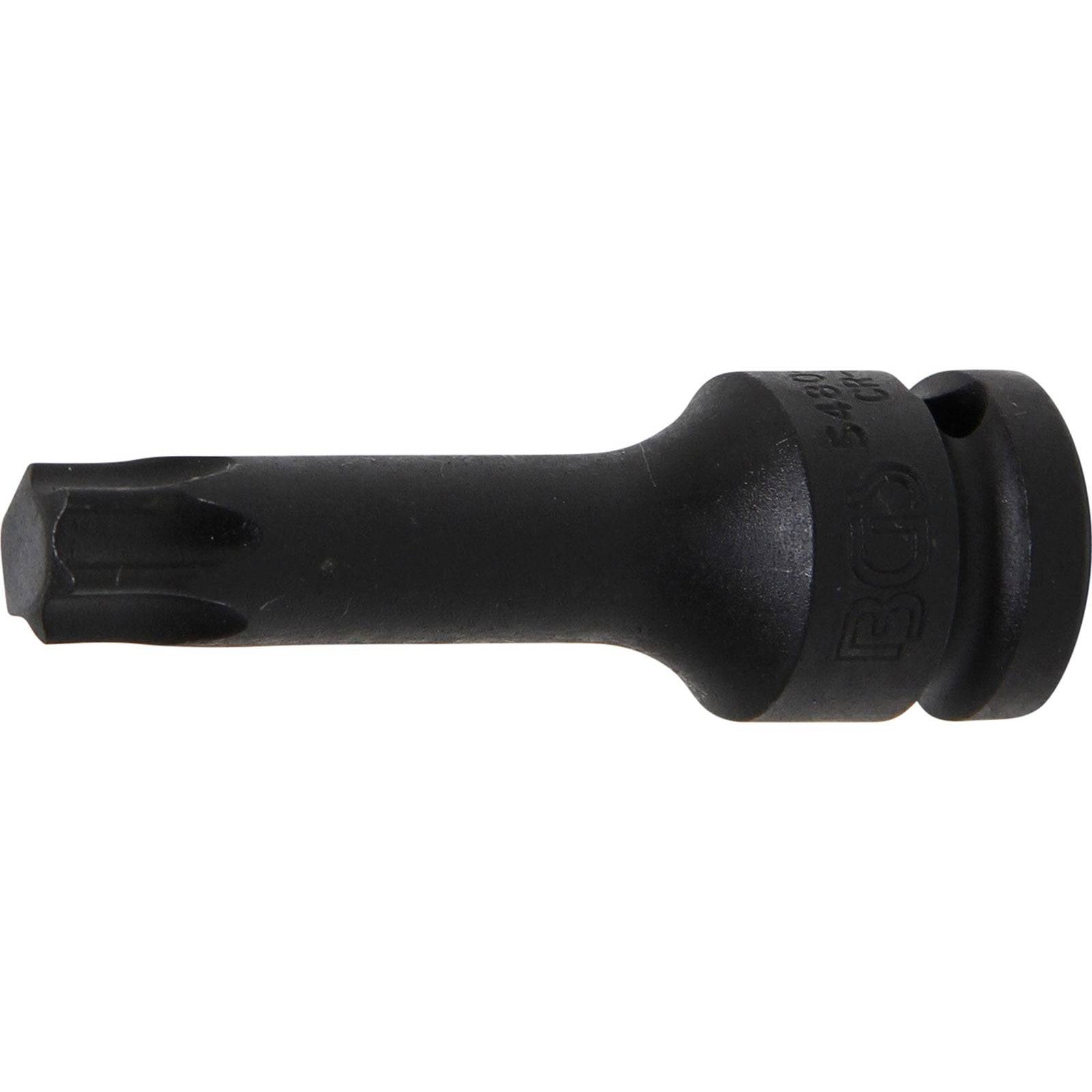 Ein schwarzer Schlagschraubendreher-Bit mit Torx-Kopf, der zum Befestigen von Schrauben mit einer sternförmigen Aufnahme verwendet wird.