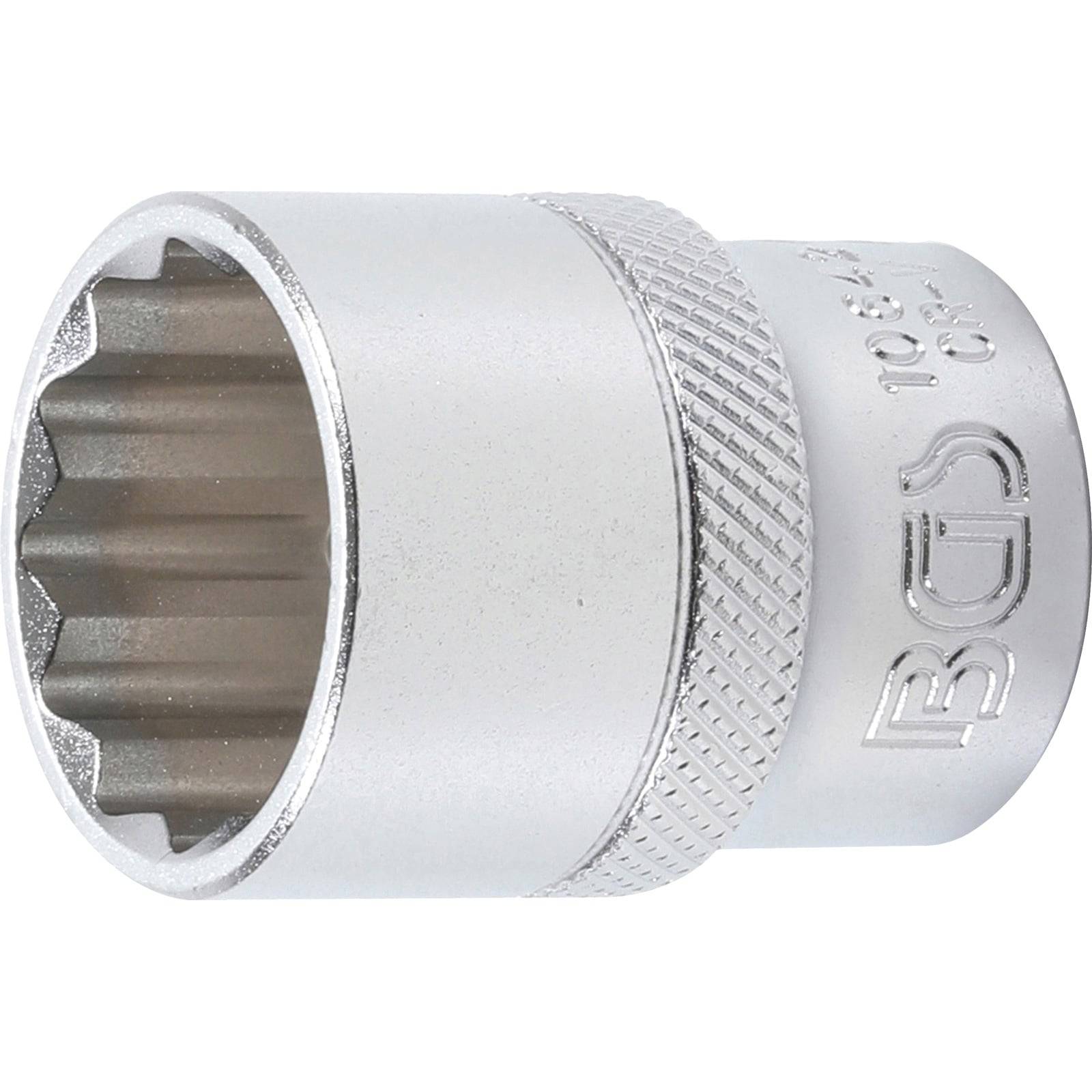 Ein silberner Steckschlüsseleinsatz mit gerändeltem Ring und der Gravur „19 mm