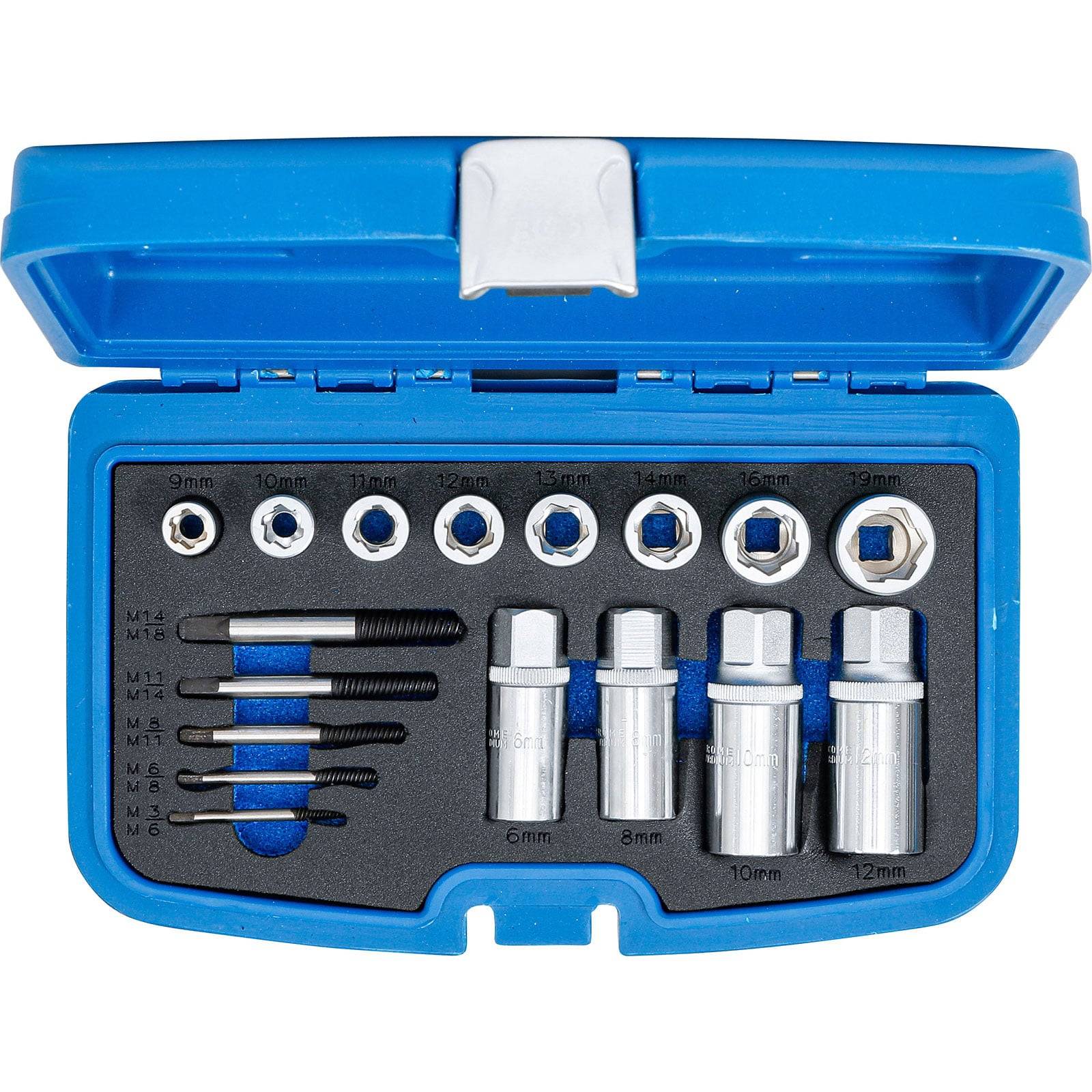 Ein blauer Werkzeugkasten mit einem 12-teiligen Set aus Schraubenausdrehern und Stecknüssen, in den Größen von 8 mm bis 14 mm, mit Lagerfächern.