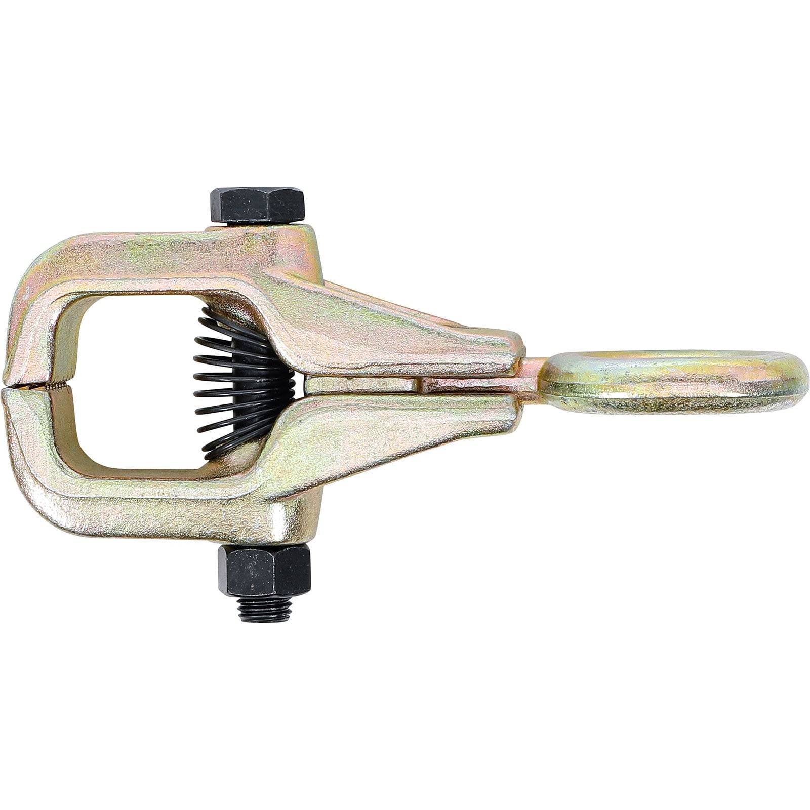 Metallklemme mit einem Spiralfedern-Mechanismus, die zum Greifen und Sichern von Objekten verwendet wird. Das Design umfasst eine Spannschraube und eine angebrachte Schlaufe zur Handhabung.