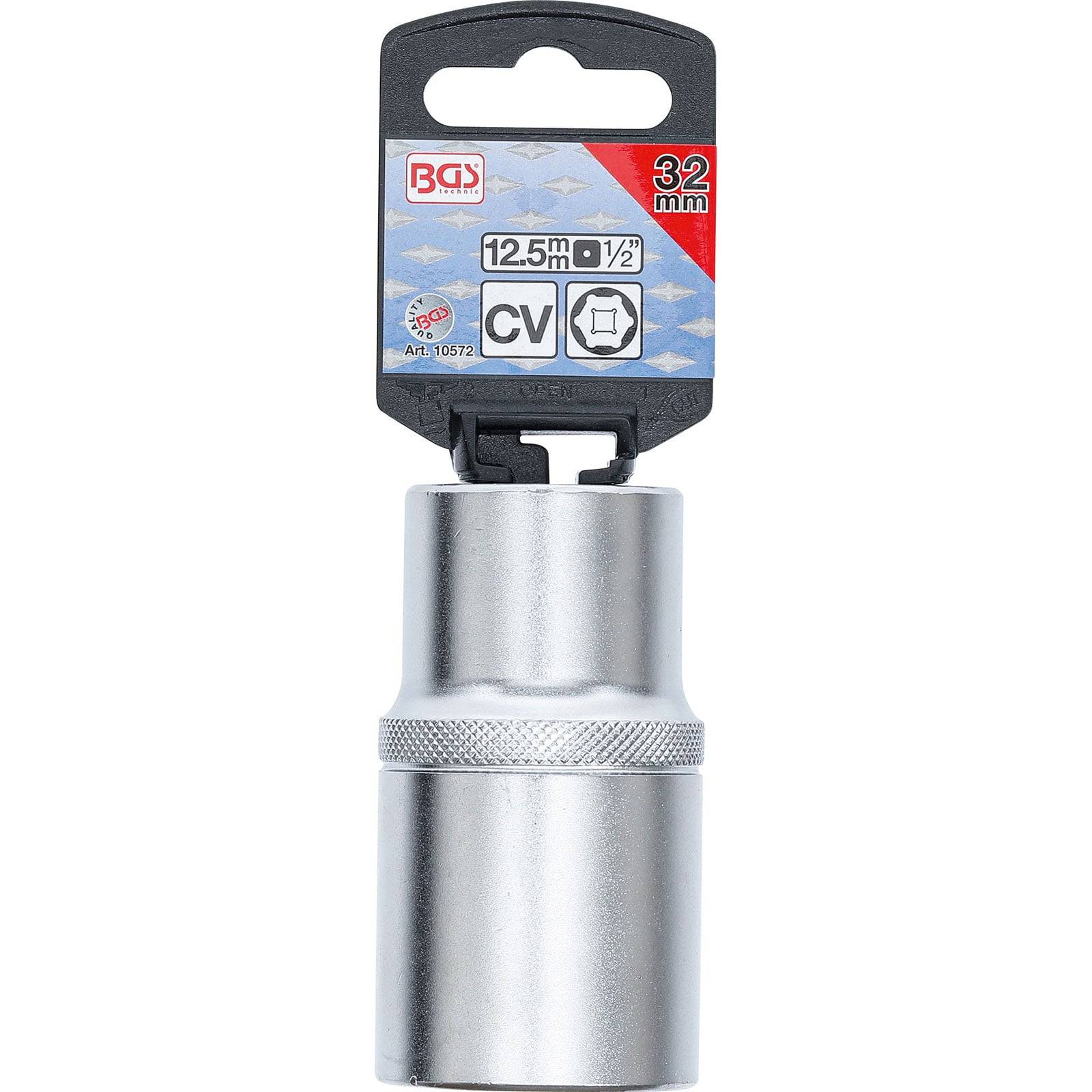 Silberner 32-mm-Steckschlüssel mit Griffmuster. Gekennzeichnet mit 'BGS', '12,5 mm', '1/2'. Verpackung zeigt Artikelnummer 16574 und CV-Logo.