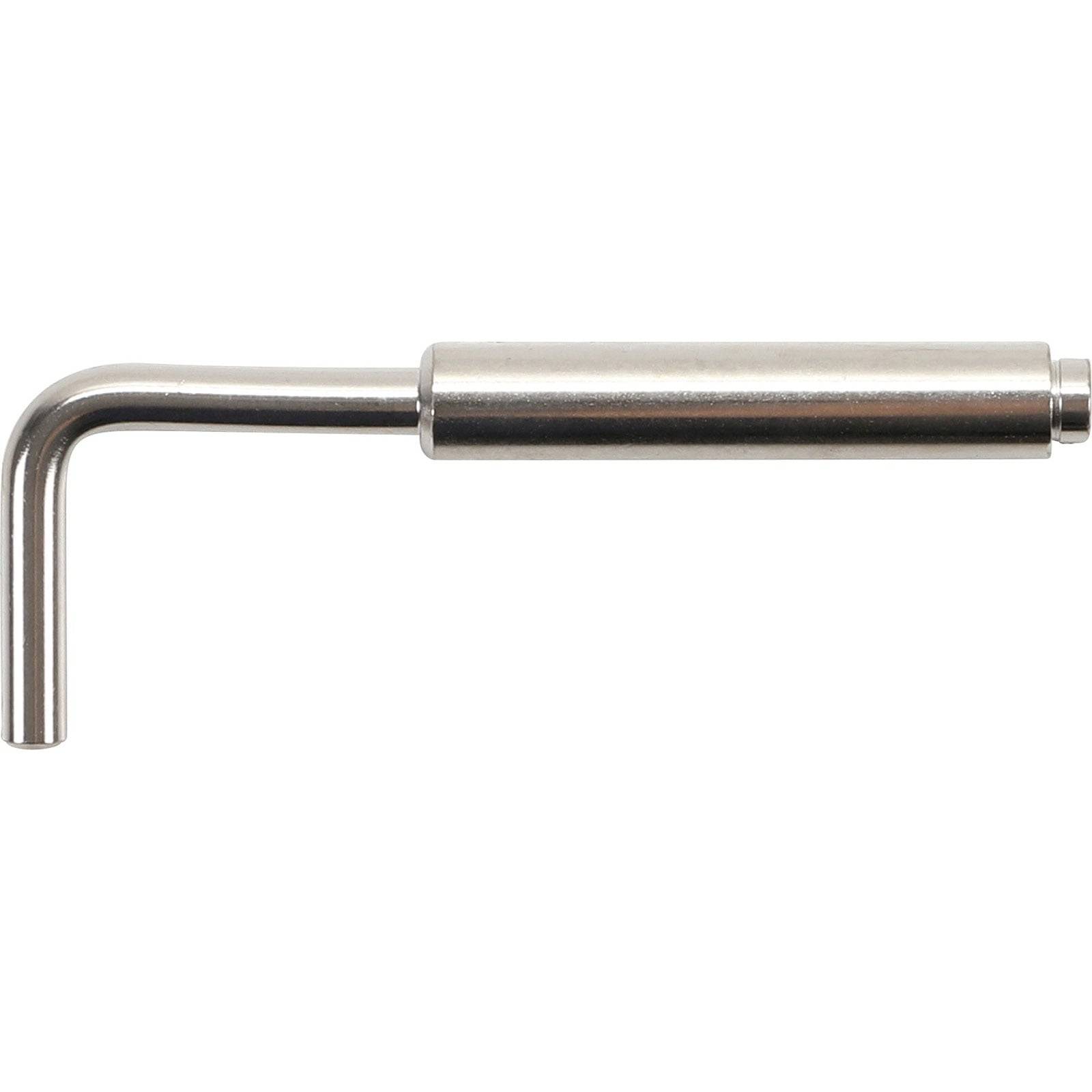 Eine Metallkurbel mit einem zylindrischen Griff und einem L-förmigen Arm, die zum manuellen Drehen oder Bedienen eines Mechanismus verwendet wird.