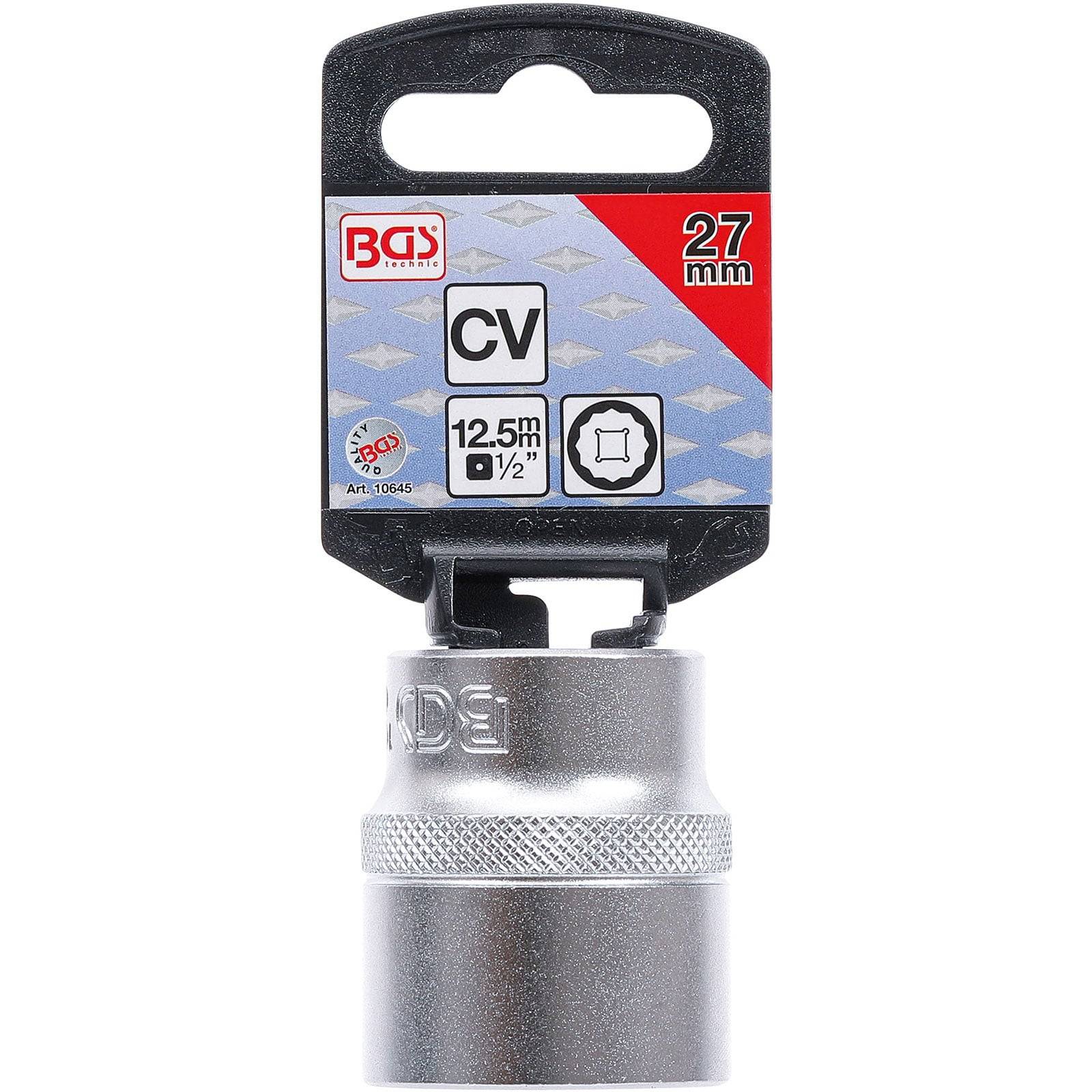 Eine silberne 27-mm-Steckdose mit einem schwarzen Griff, beschriftet mit 