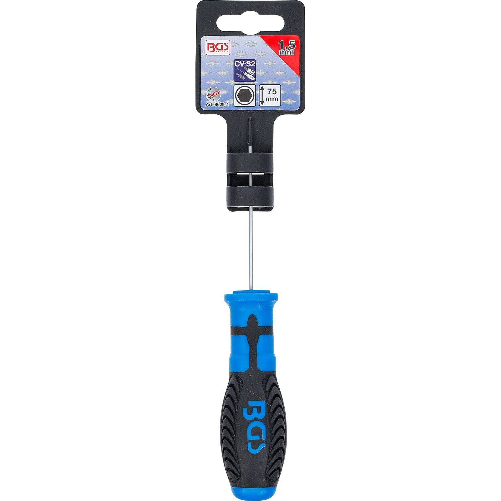 Schraubendreher der Marke 'BGS' mit blau-schwarzem Griff, beschriftet mit '1,5 mm, CV-S2.