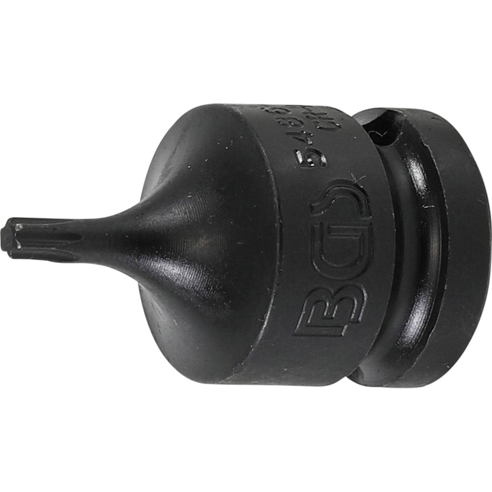 Ein schwarzer Werkzeugbit mit gerippter Textur und einer kleinen, spitzen Spitze, wahrscheinlich für Präzisionsaufgaben verwendet. Auf der Seite mit 'BGS' eingraviert.