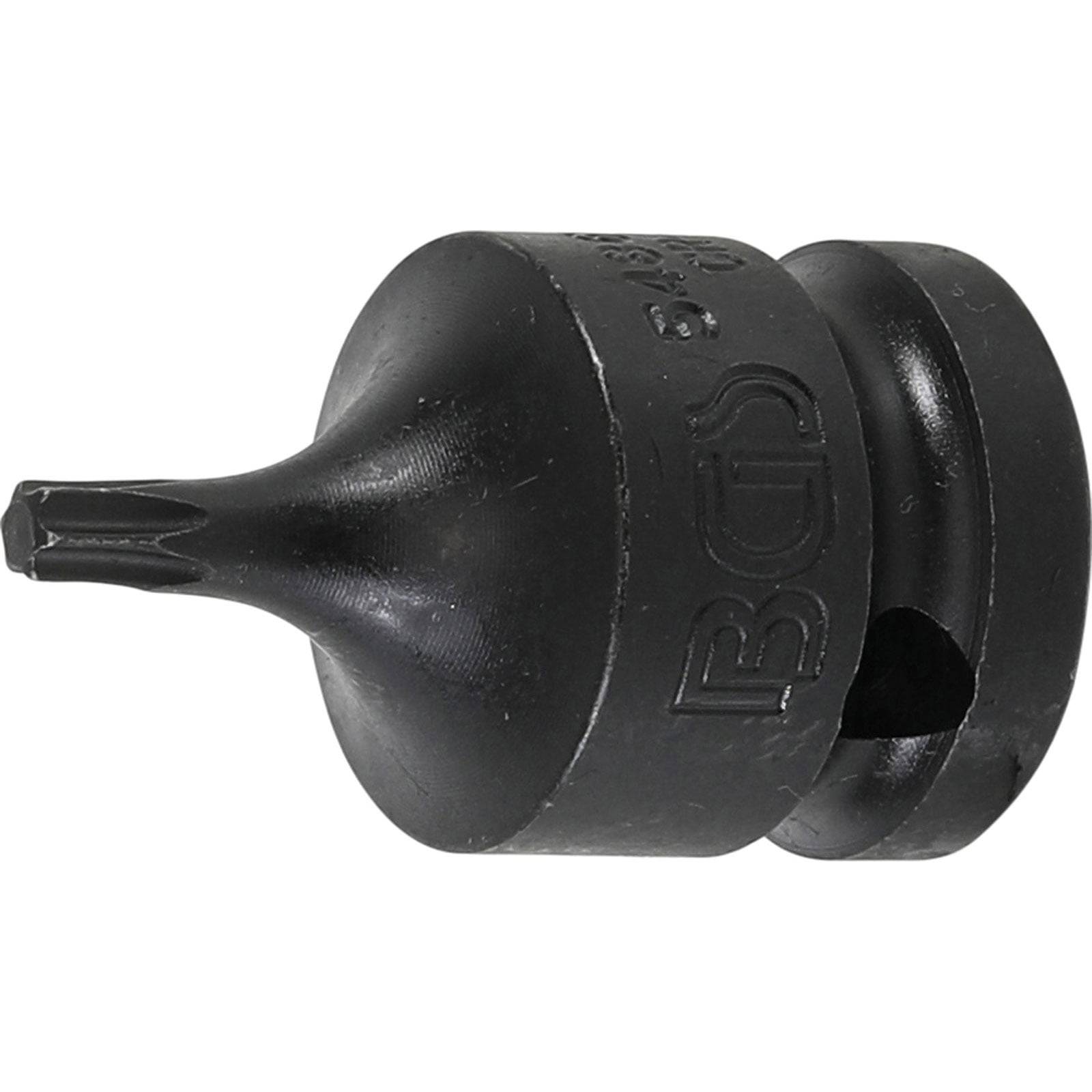 Nahaufnahme eines schwarzen Schraubendreher-Bithalters mit rundem, glattem Design und eingravierter Markenbeschriftung.