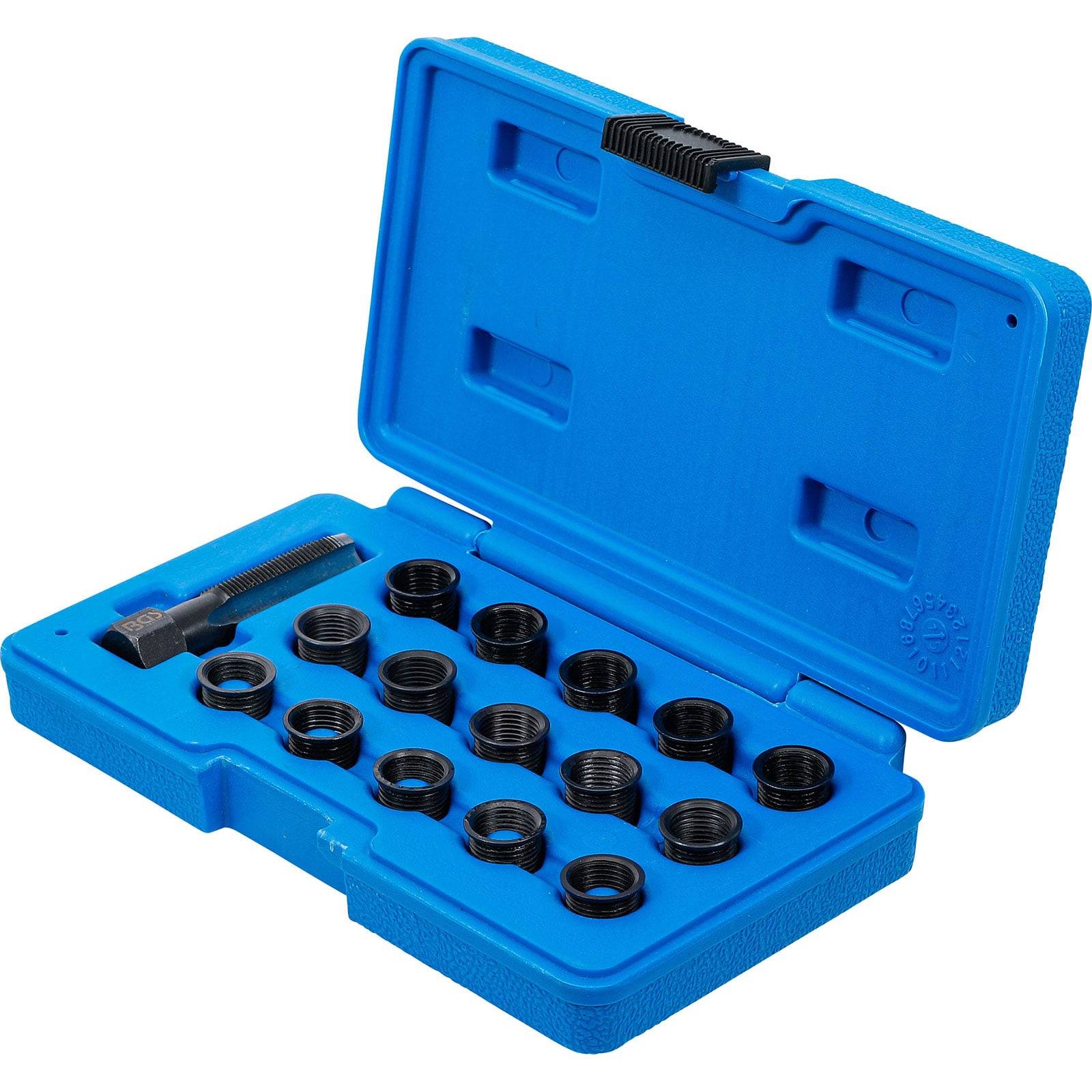 Eine blaue Plastikbox, die einen Satz schwarzer Gewindeeinsätze und ein Werkzeug enthält, in einzelnen Fächern angeordnet.