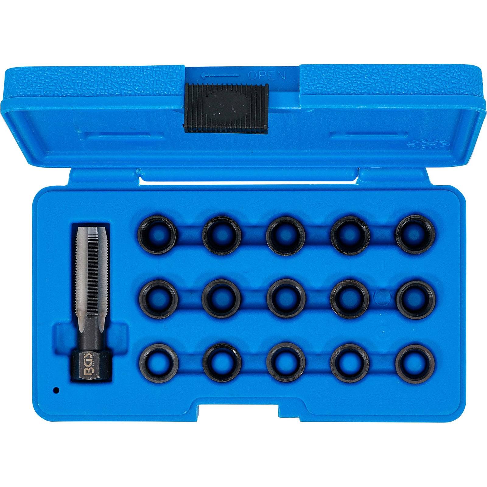 Ein blauer Werkzeugkoffer mit 15 kreisförmigen schwarzen Teilen und einer einzelnen Klingeneinlage mit der Beschriftung 