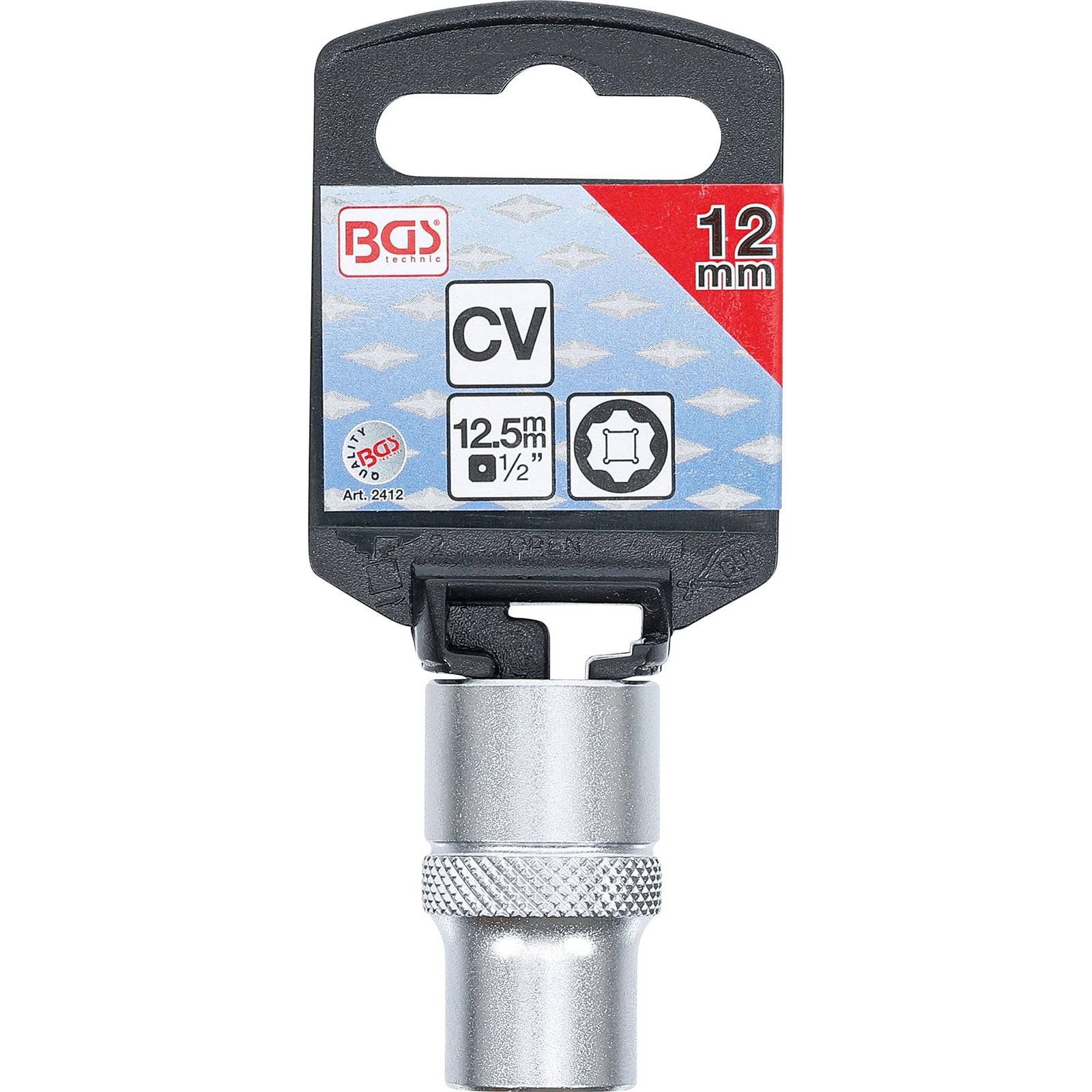 12-mm-CV-Steckschlüssel mit 12,5-mm-(1/2-Zoll)-Antrieb, Marke BGS, Artikelnummer Art. 2432, geeignet für den Einsatz mit kompatiblen Werkzeugen.