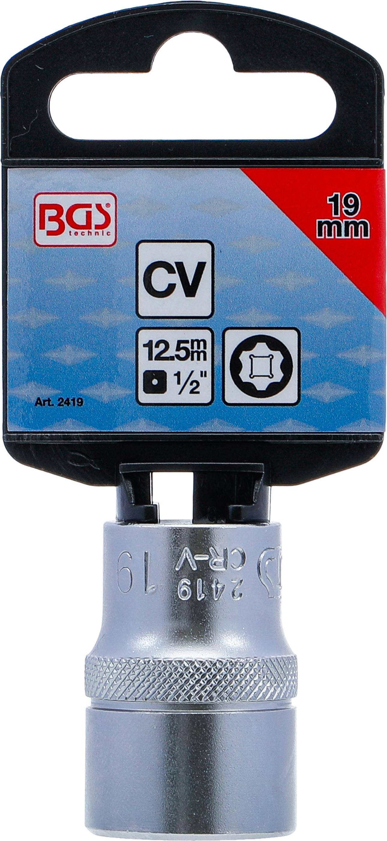 Ein Steckschlüssel mit einer Größe von 12,5 mm (1/2 Zoll), gekennzeichnet mit 'CV'. Teilenummer '2419', Produkt einer Marke mit rotem Logo auf blauem Hintergrund.