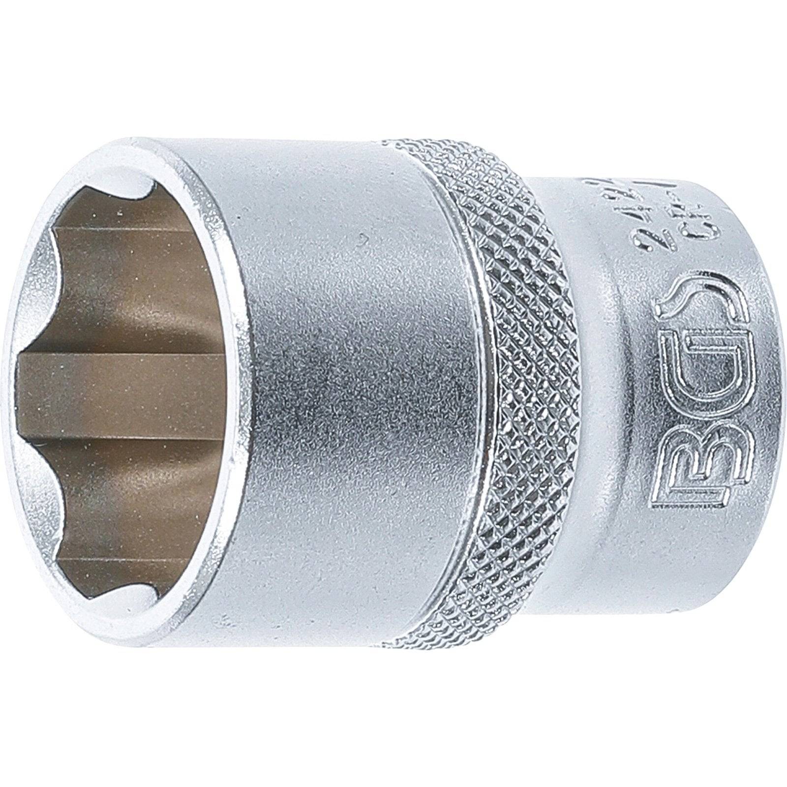 Ein Metallsteckschlüssel mit einer gerändelten Kante wird gezeigt, der üblicherweise zum Festziehen oder Lösen von Muttern und Schrauben verwendet wird.