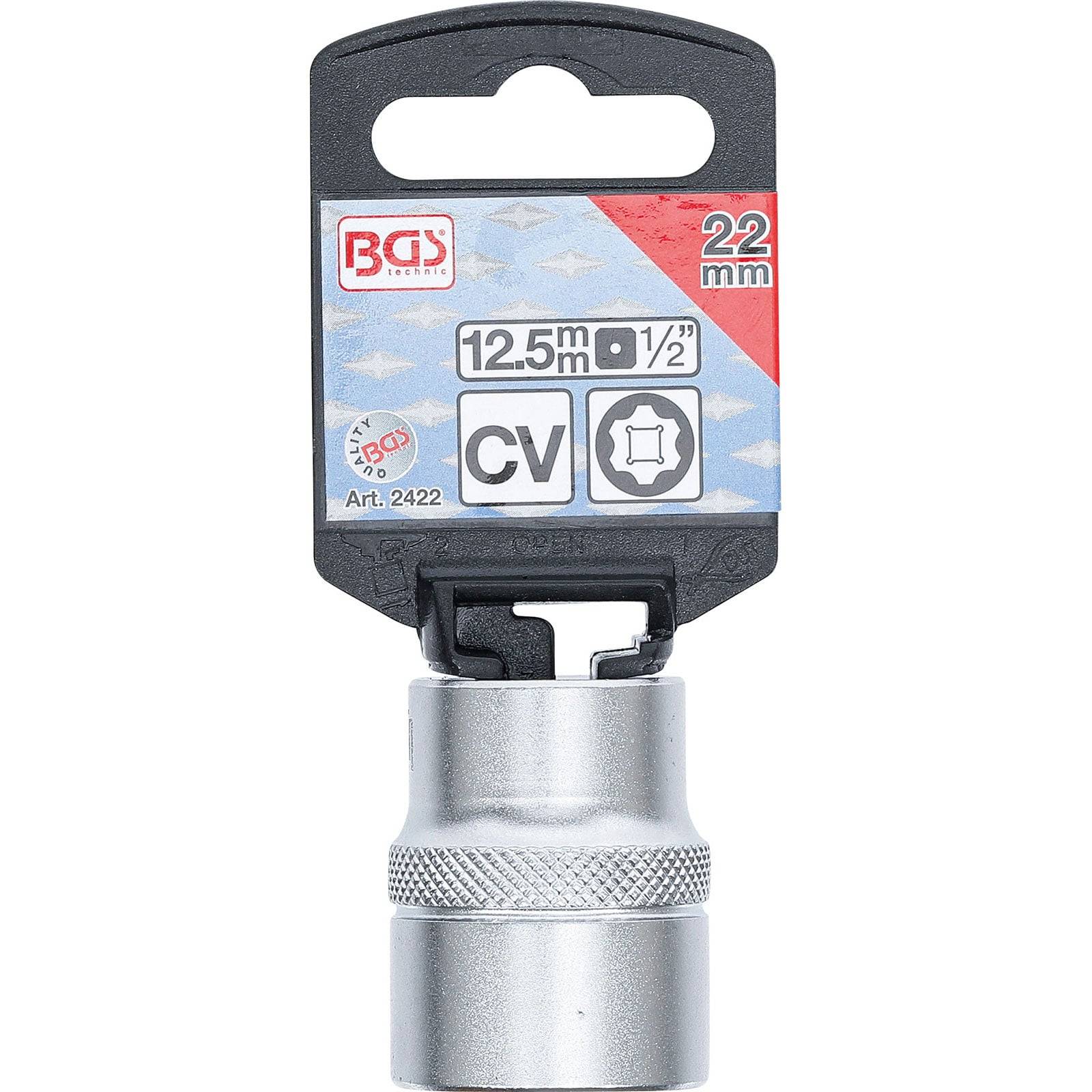 Ein 22-mm-Steckschlüsseleinsatz mit einer 1/2-Zoll-Antriebsgröße, mit '12,5 mm' und 'CV' gekennzeichnet. Markenname und Produktdetails sind oben sichtbar.