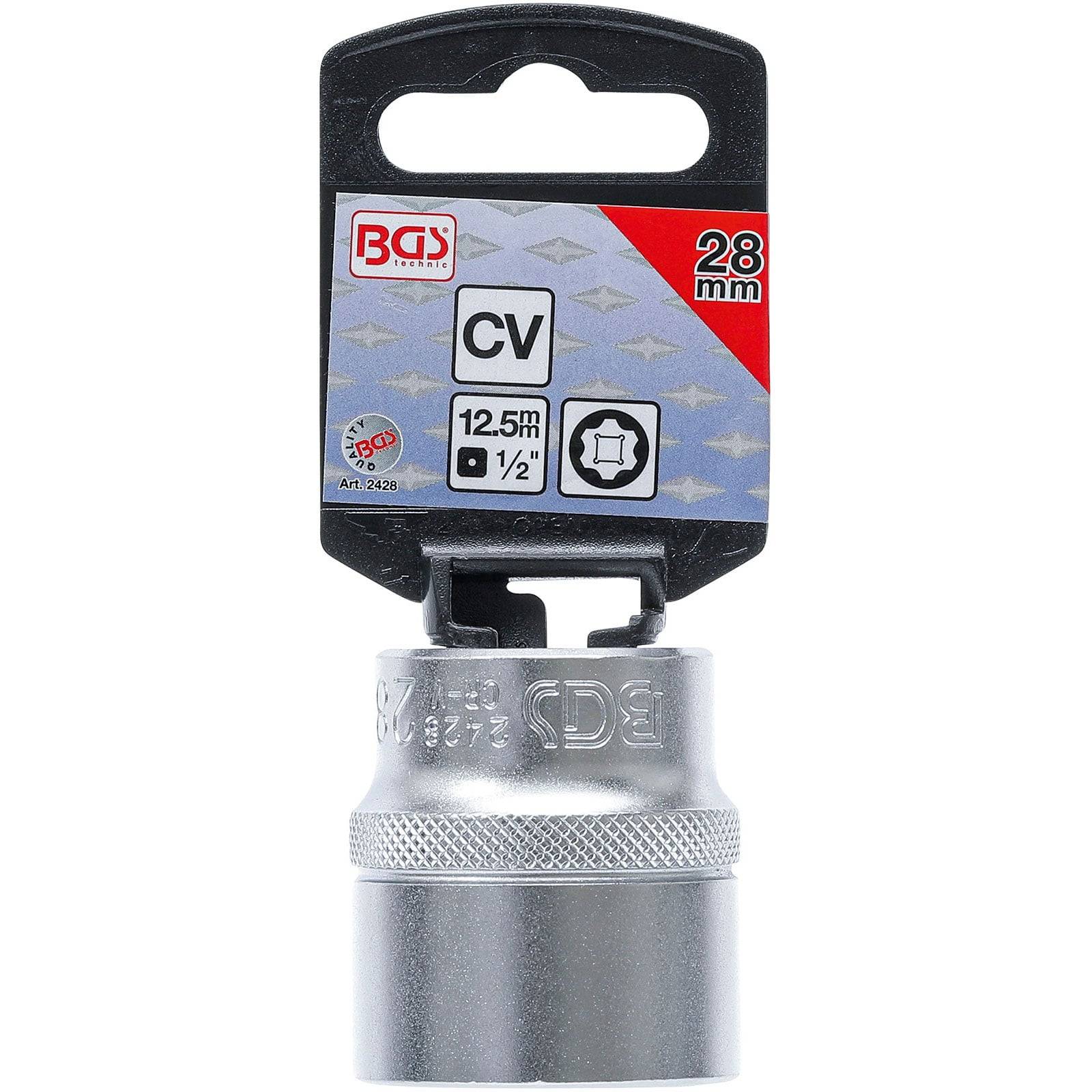 Ein silberner 28-mm-Steckschlüsseleinsatz mit einem schwarzen Aufhänger, beschriftet mit „BGS CV 28 mm, 12,5 mm, 1/2