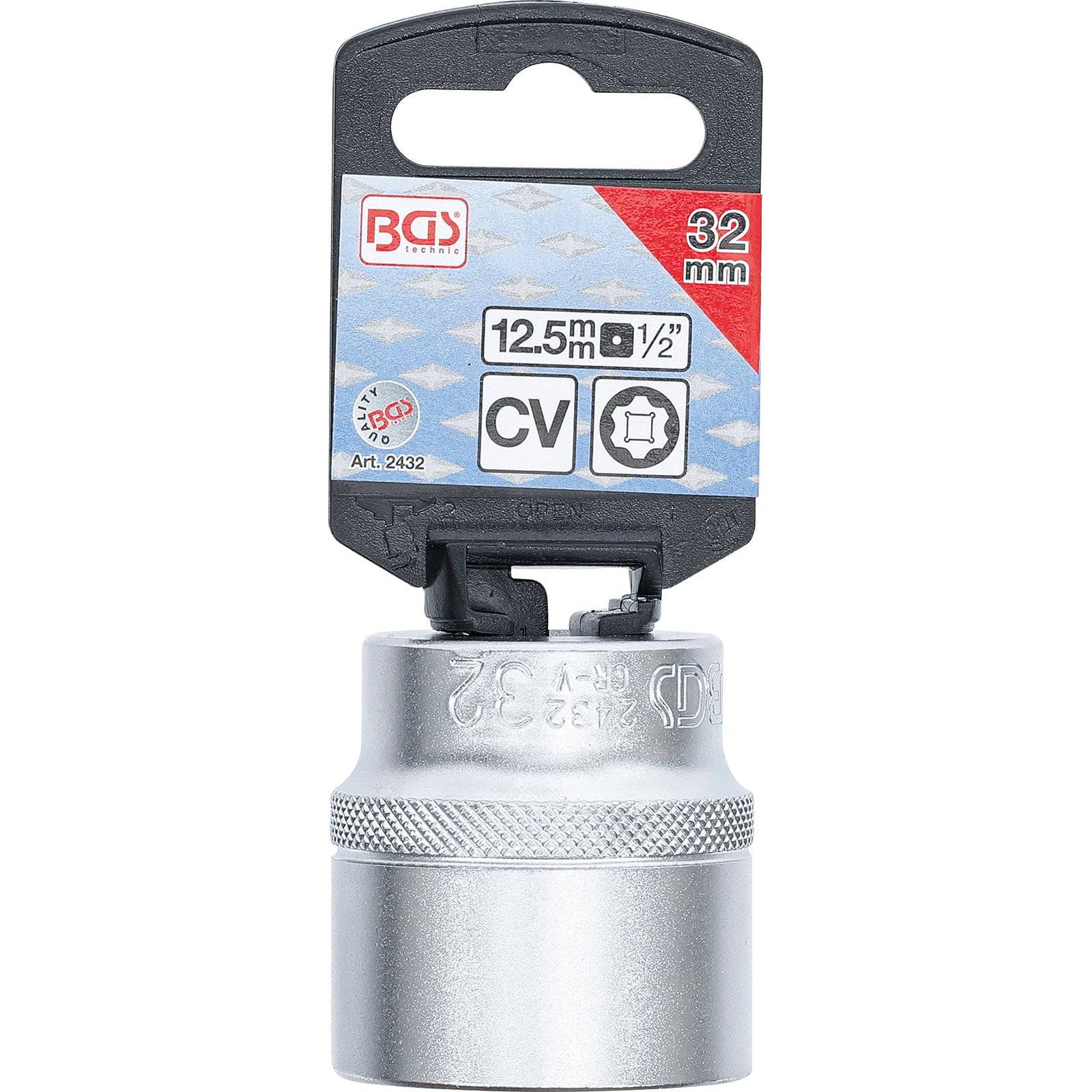 Eine Chrom-Vanadium (CV) Steckschlüssel mit der Markierung '32 mm' von BGS, mit strukturiertem Griff und Vierkantantrieb, entwickelt zum Anziehen oder Lösen von Schrauben.