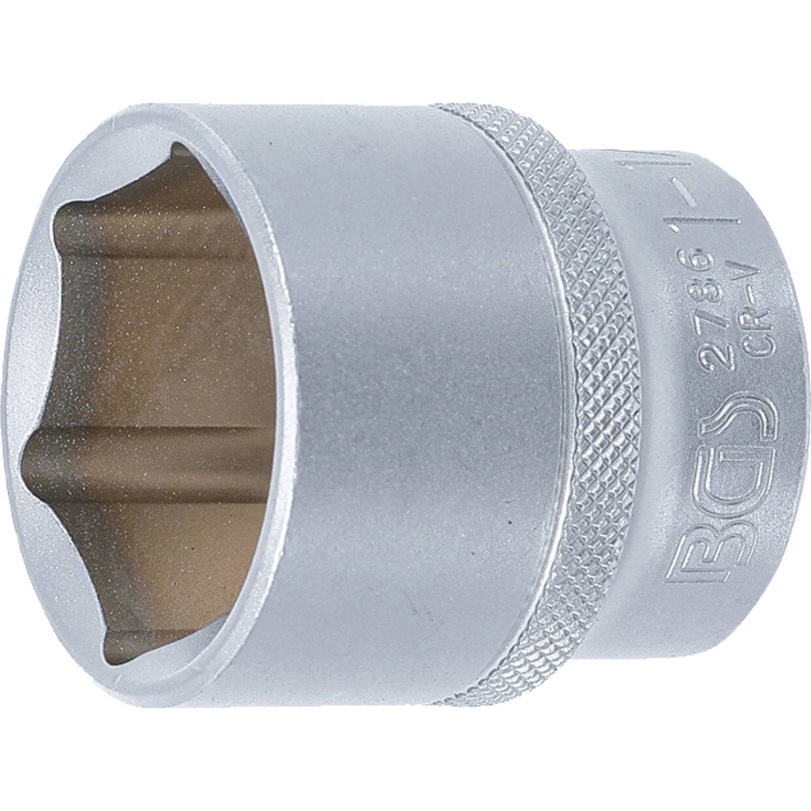 Ein silberner Metallschraubenschlüsseleinsatz mit einer sechszackigen Sternform an der Öffnung. Eingraviert mit 'BCS 2736' und Größe '1'.