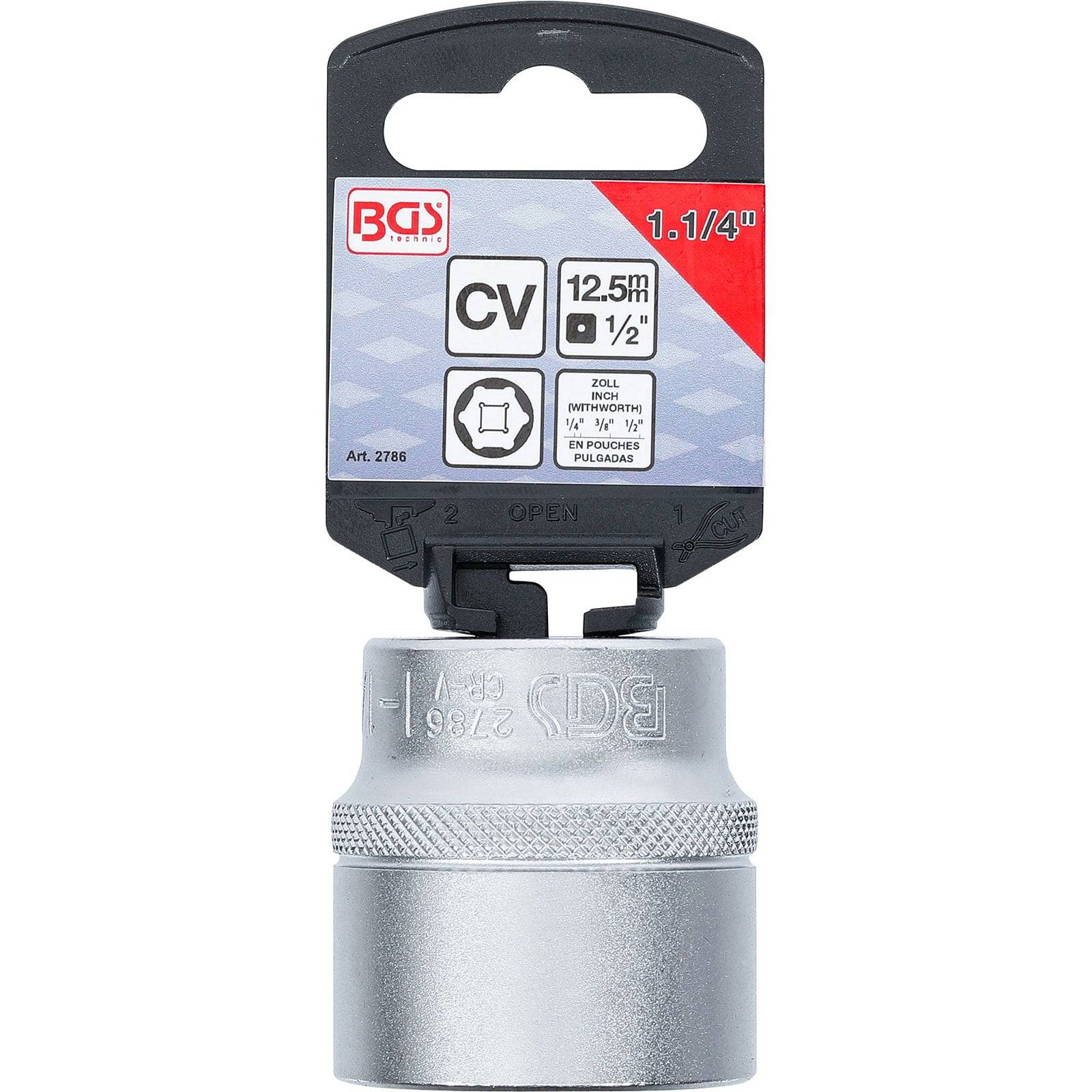 Eine Stecknuss aus Silber mit den Aufdrucken 'BGS', 'CV', '12.5m', '1/2'' auf der Verpackung. Geeignet für automotive oder mechanische Anwendungen.