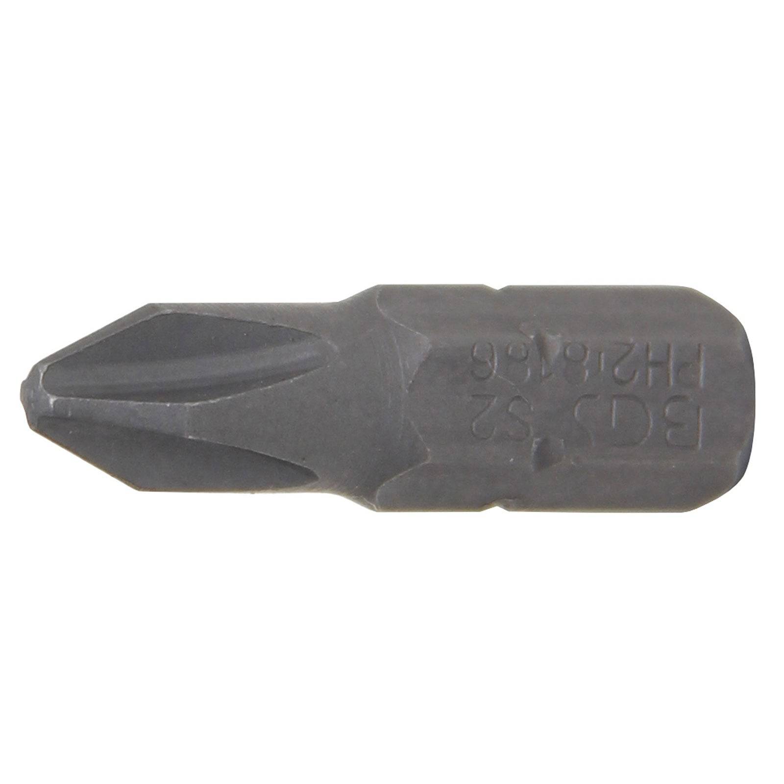 Ein Nahaufnahmebild eines Phillips-Schraubendreher-Bits mit Rillen und einer markierten Beschriftung an der Seite.