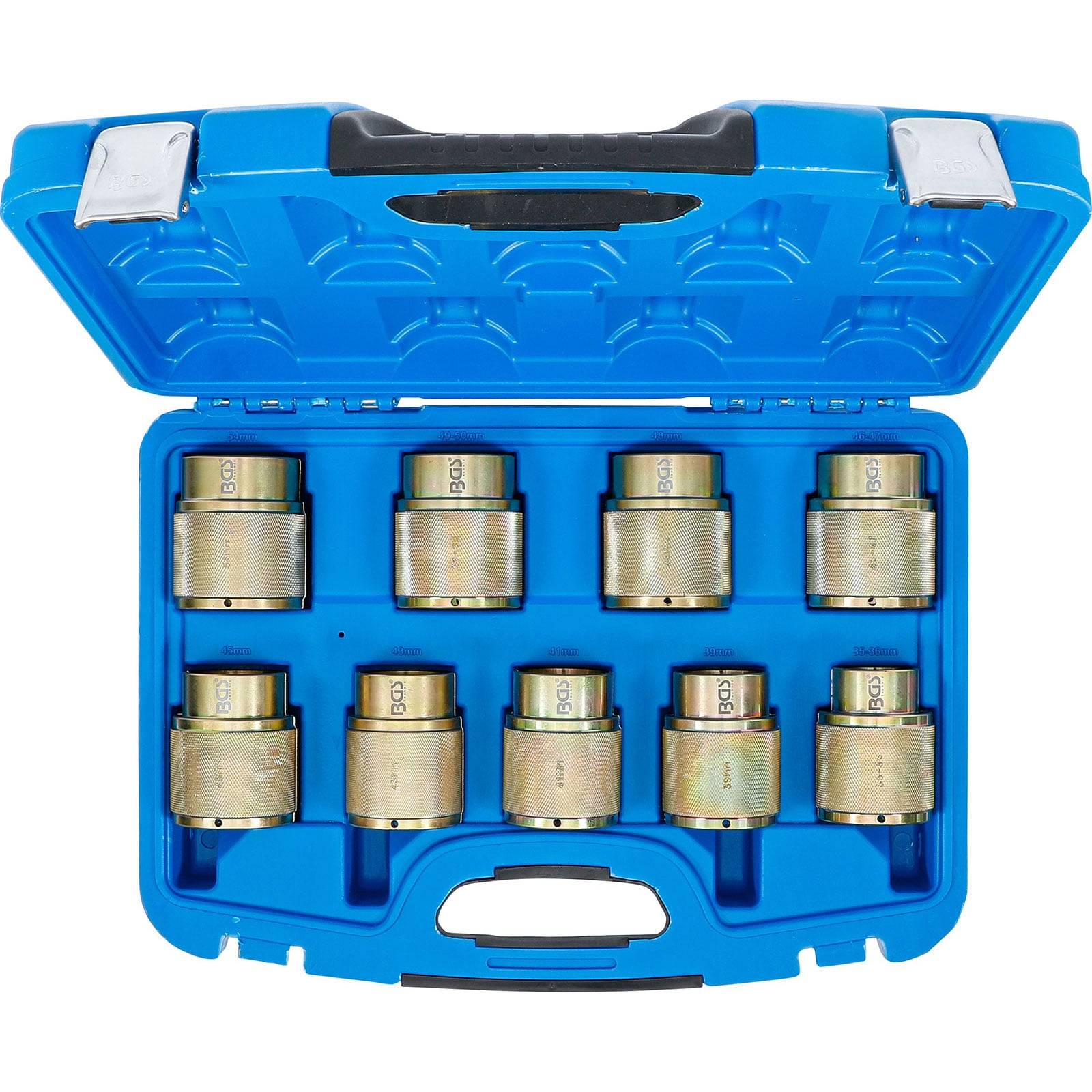 Eine blaue Kunststoffbox wurde geöffnet, um acht Metallsockel zu zeigen, die in zwei Reihen angeordnet sind und für automotive oder mechanische Arbeiten verwendet werden.