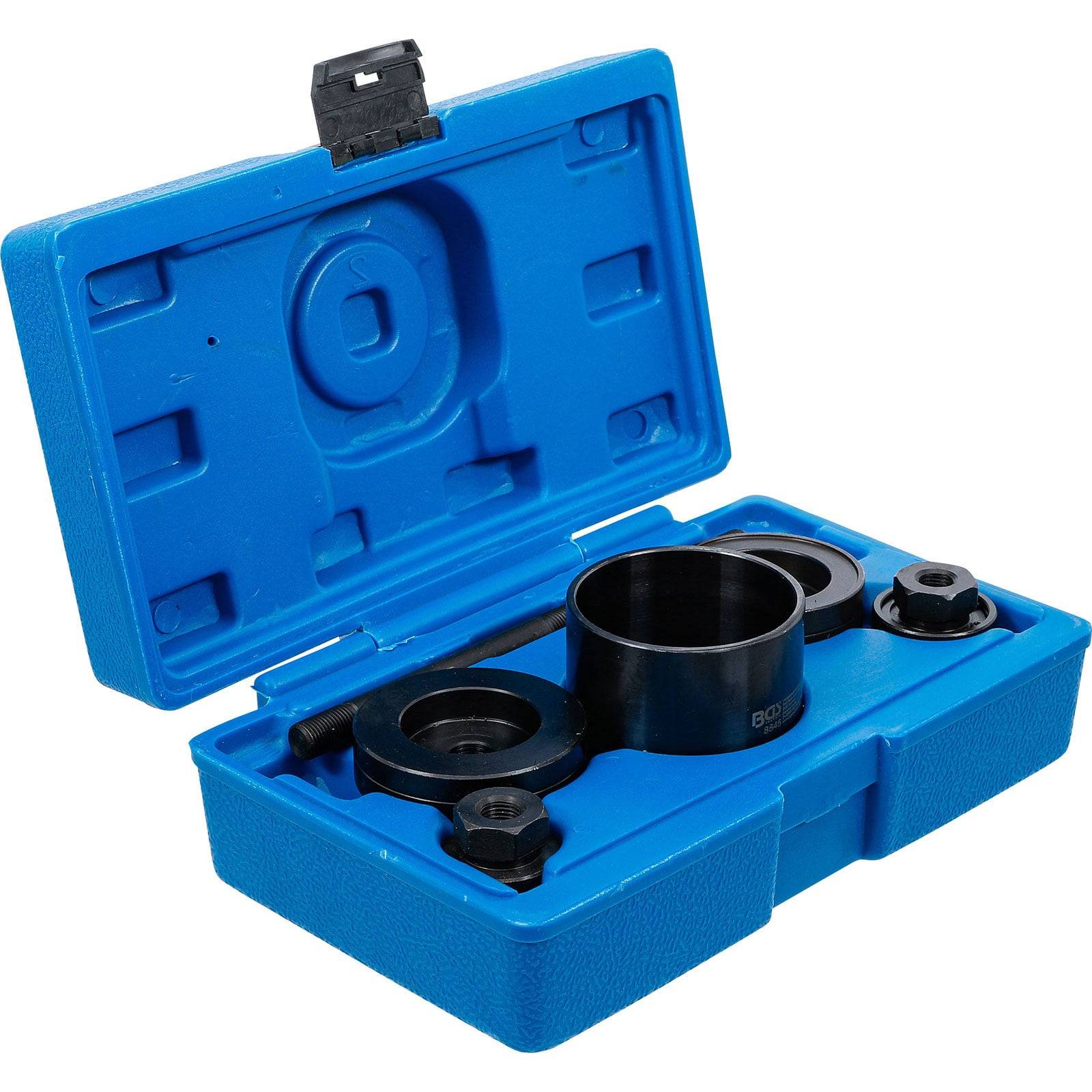 Blaue Kunststoff-Werkzeugkoffer mit schwarzen Metallkomponenten zum Einsetzen oder Entfernen einer Nockenwellendichtung.
