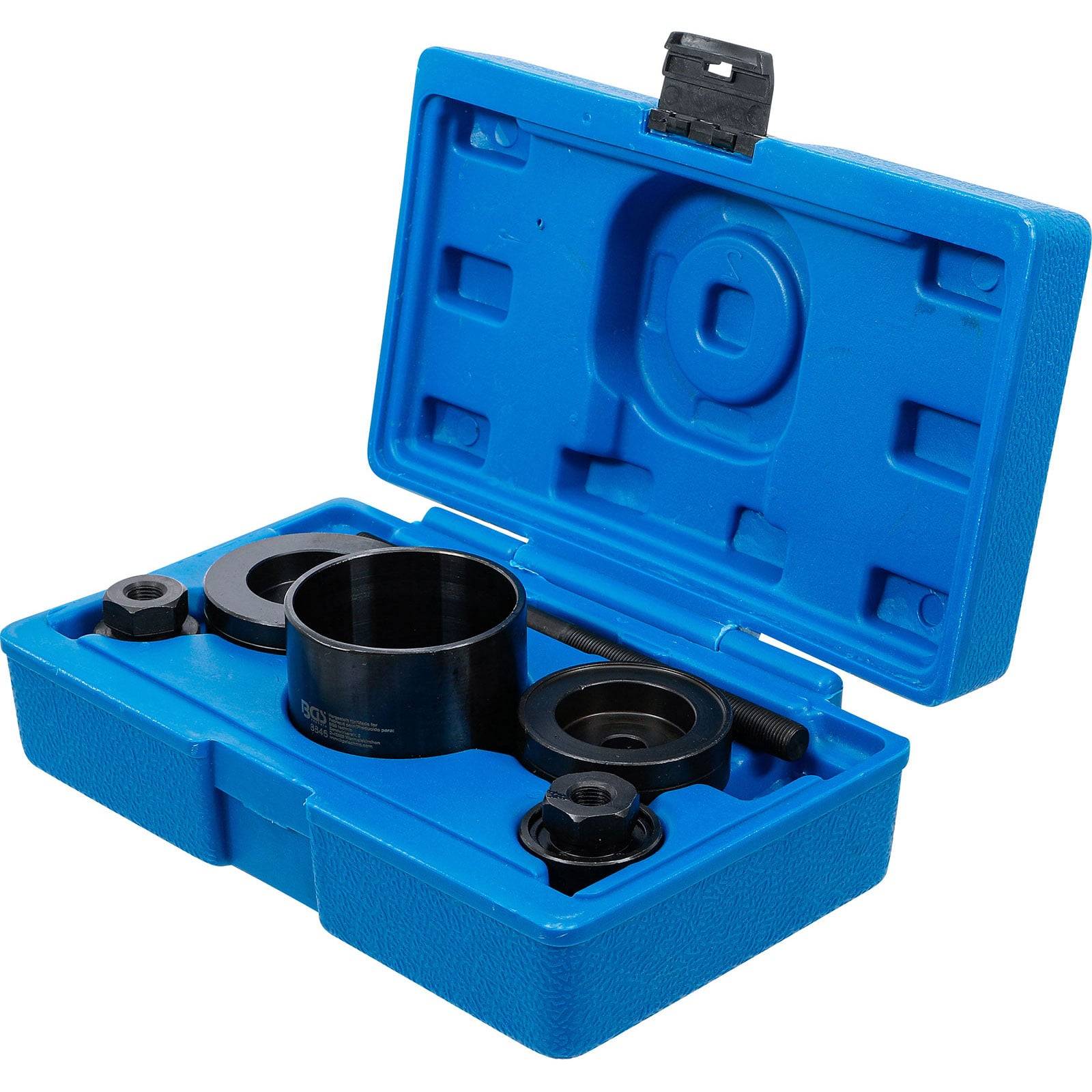 Eine blaue Kunststoffbox, die einen Metallriemenzieher mit verschiedenen Ringen und Komponenten zur Fahrzeug-Reparatur und -Wartung enthält.