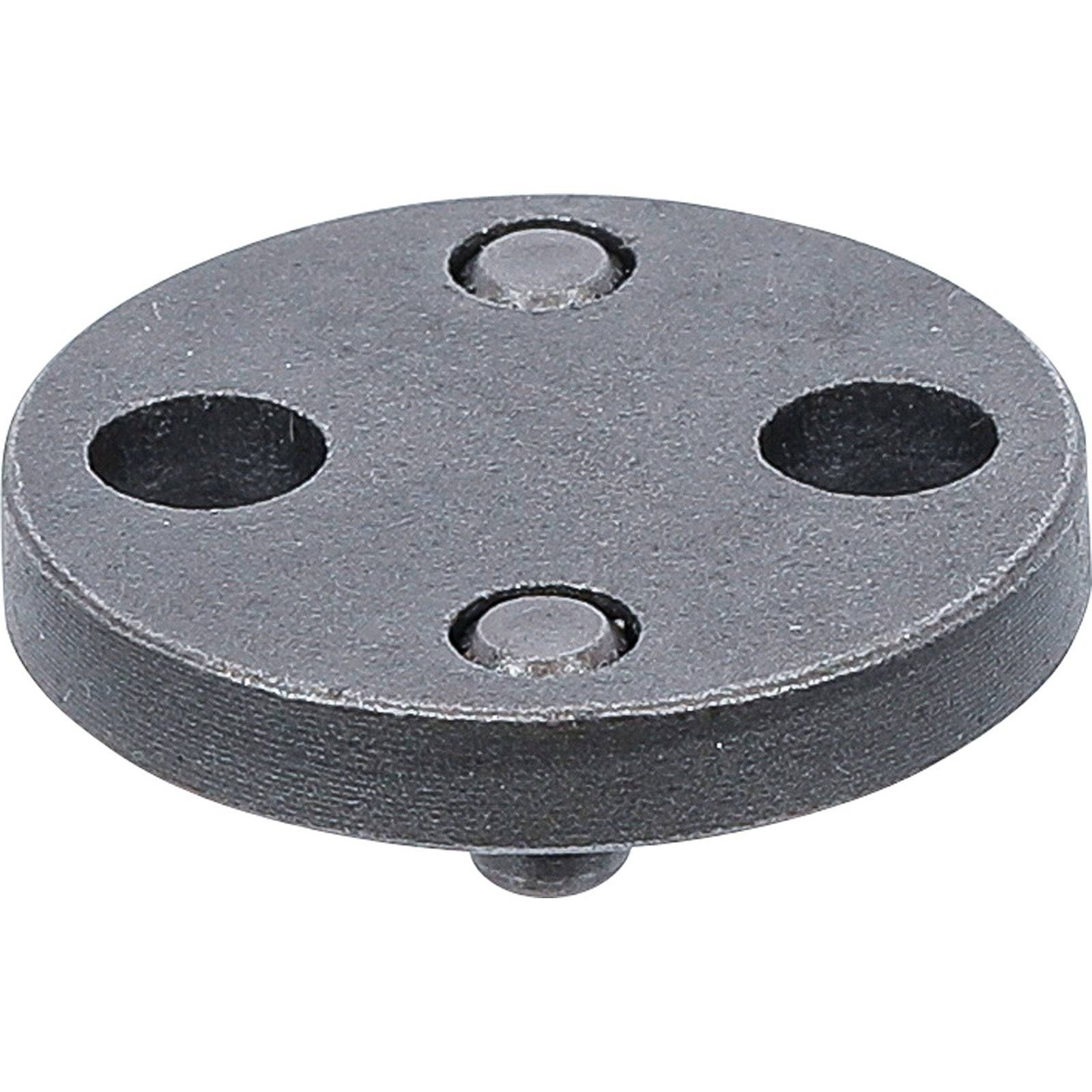 Eine runde, schwarze Metallscheibe mit drei gleichmäßig um das Zentrum verteilten Löchern, die typischerweise als Komponente in mechanischen Systemen verwendet wird.