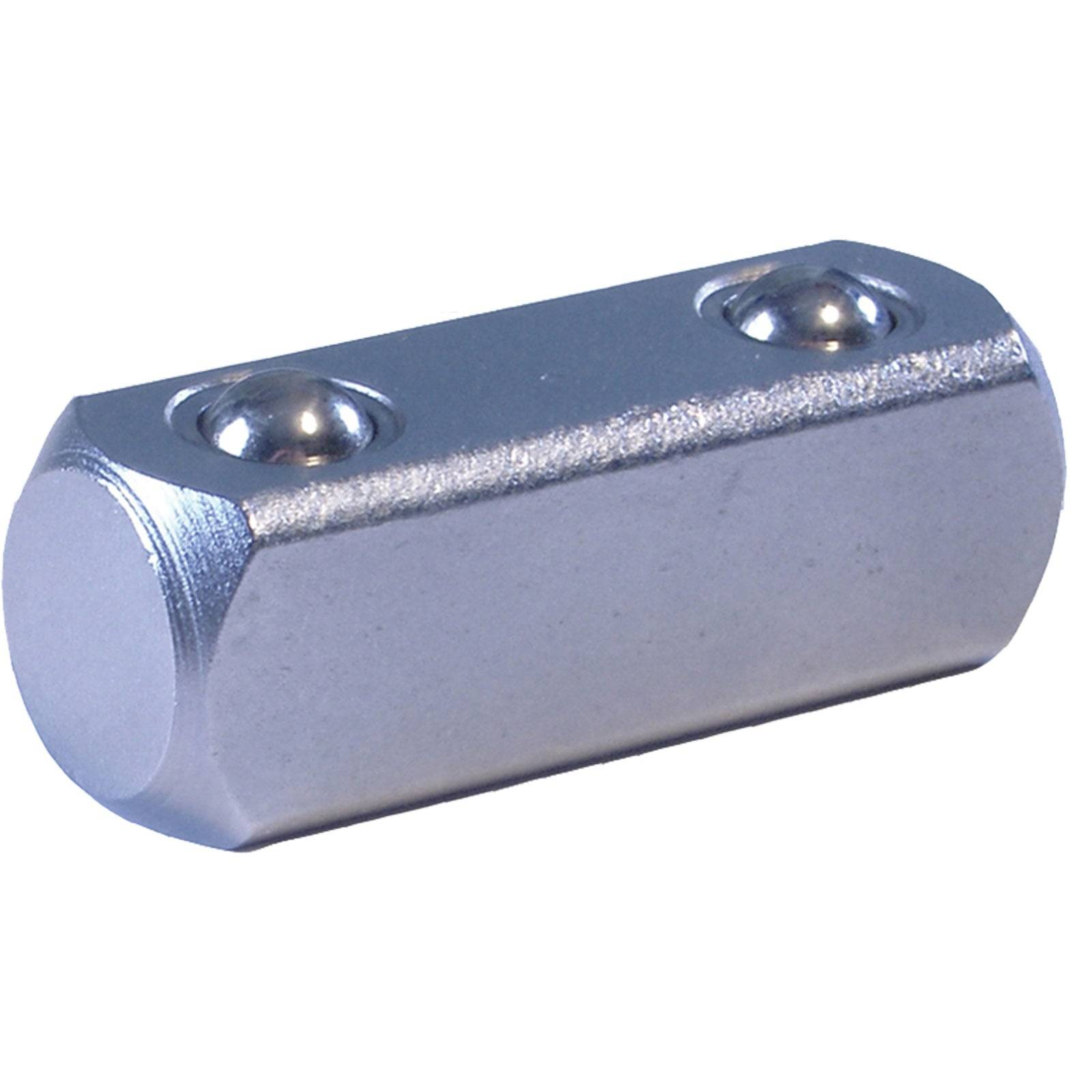 Ein metallischer, rechteckiger Prisma mit zwei abgerundeten Vorsprüngen oben, möglicherweise eine mechanische Komponente oder Befestigung.