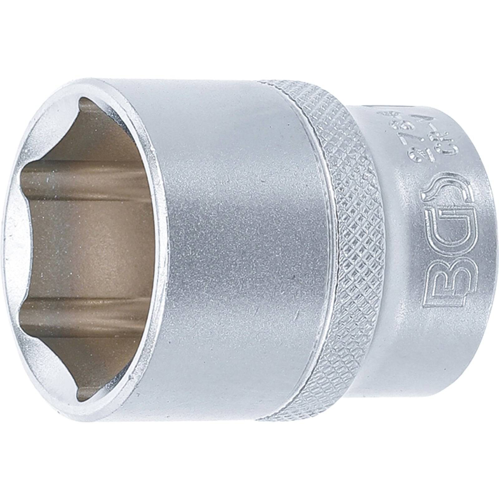 Ein silberner Steckschlüssel-Adapter mit gerilltem Griff und gravierten Maßangaben, der zum Anziehen oder Lösen von Schrauben und Muttern verwendet wird.