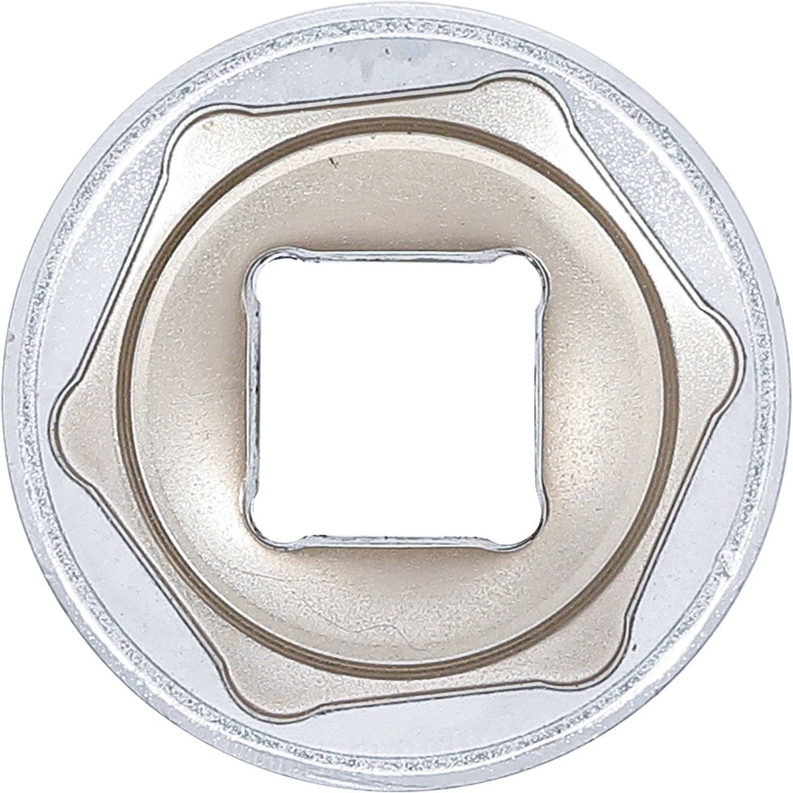 Eine kreisförmige Metallscheibe mit einem quadratischen Loch in der Mitte, die einem Steckeradapter ähnelt, von oben betrachtet.